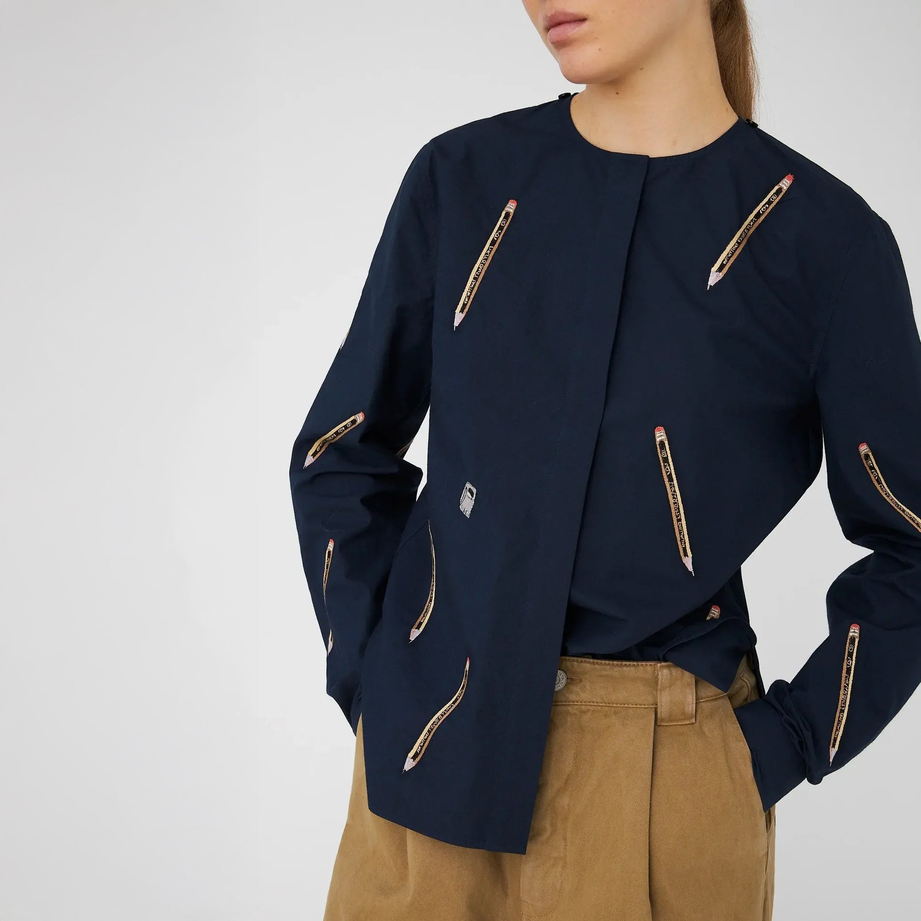 Embroidered Cotton Bow Shirt - Navy