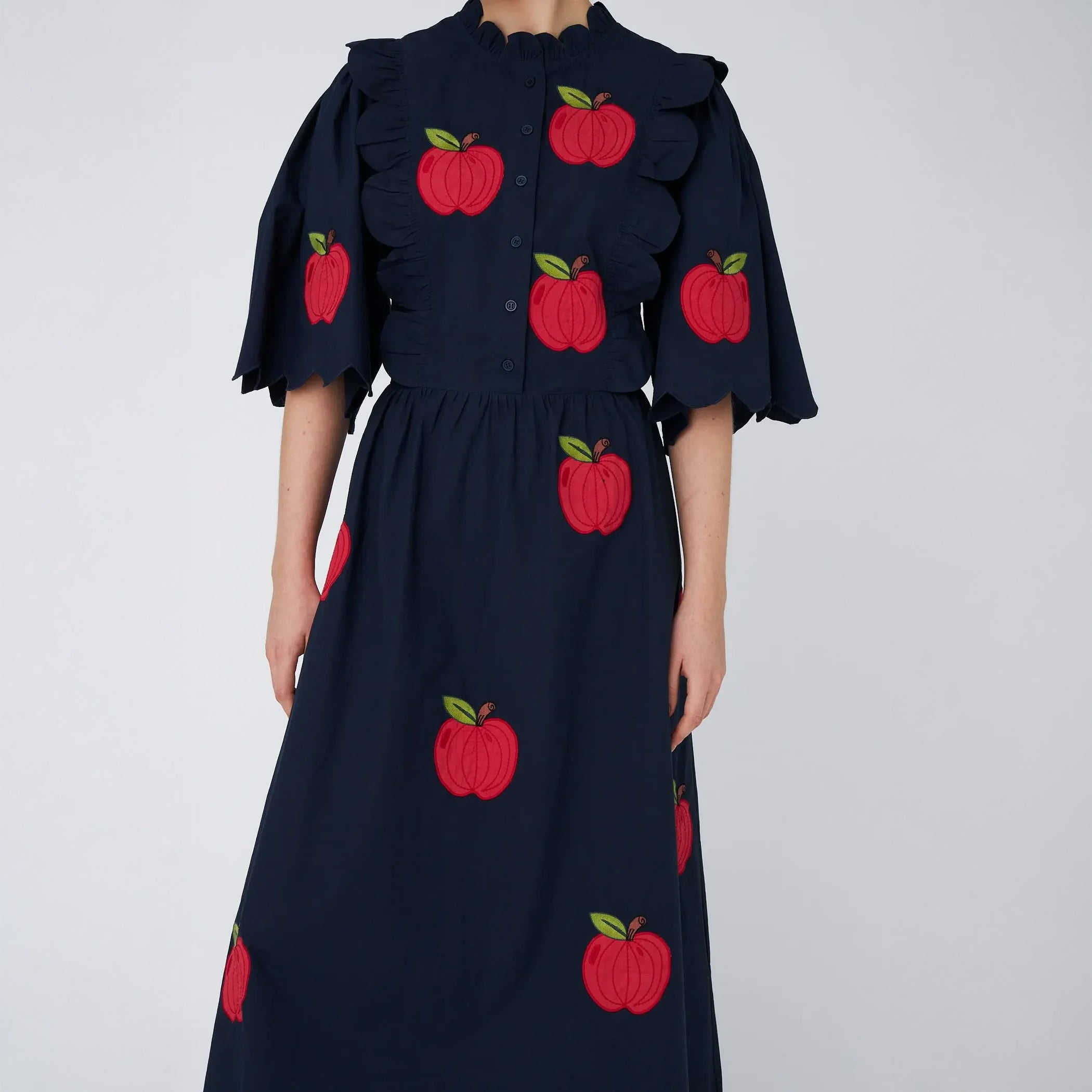 Embroidered Cotton Midi Dress - Navy