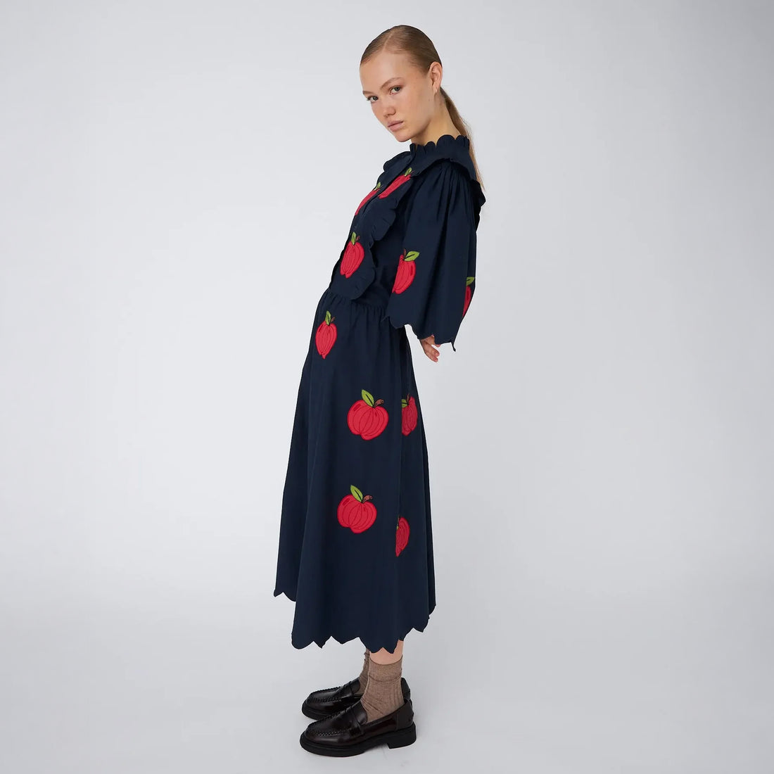 Embroidered Cotton Midi Dress - Navy
