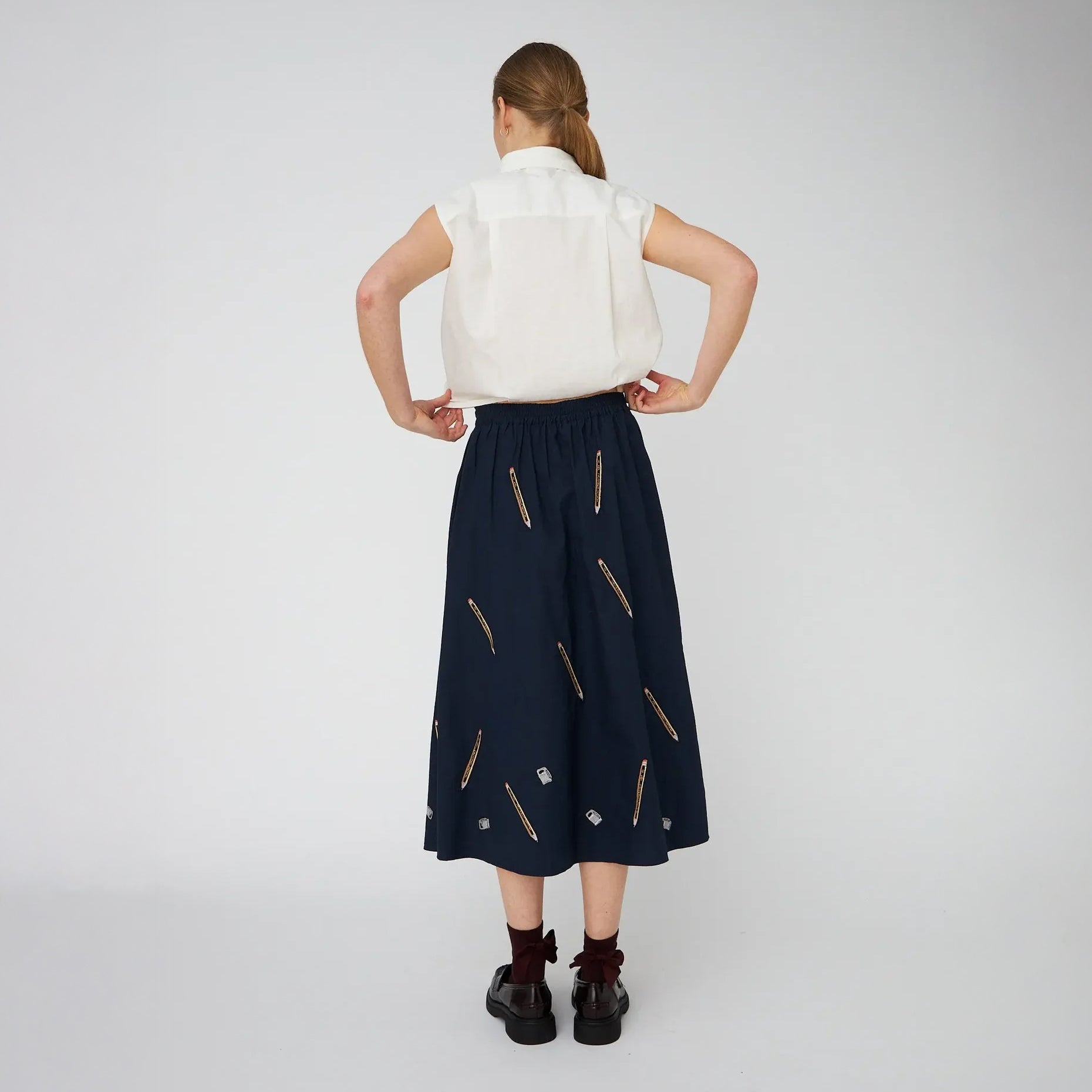 Embroidered Cotton Midi Skirt - Navy