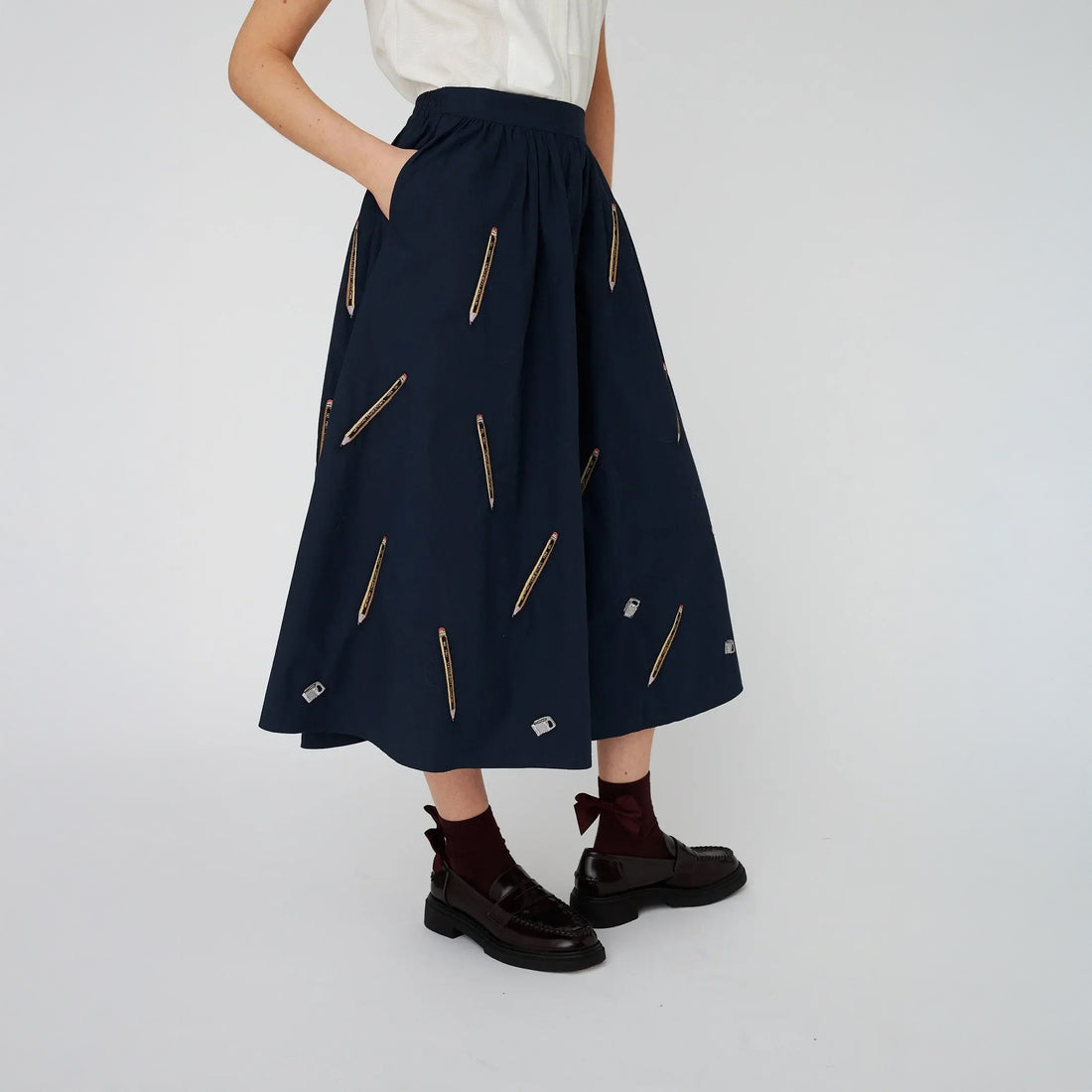Embroidered Cotton Midi Skirt - Navy