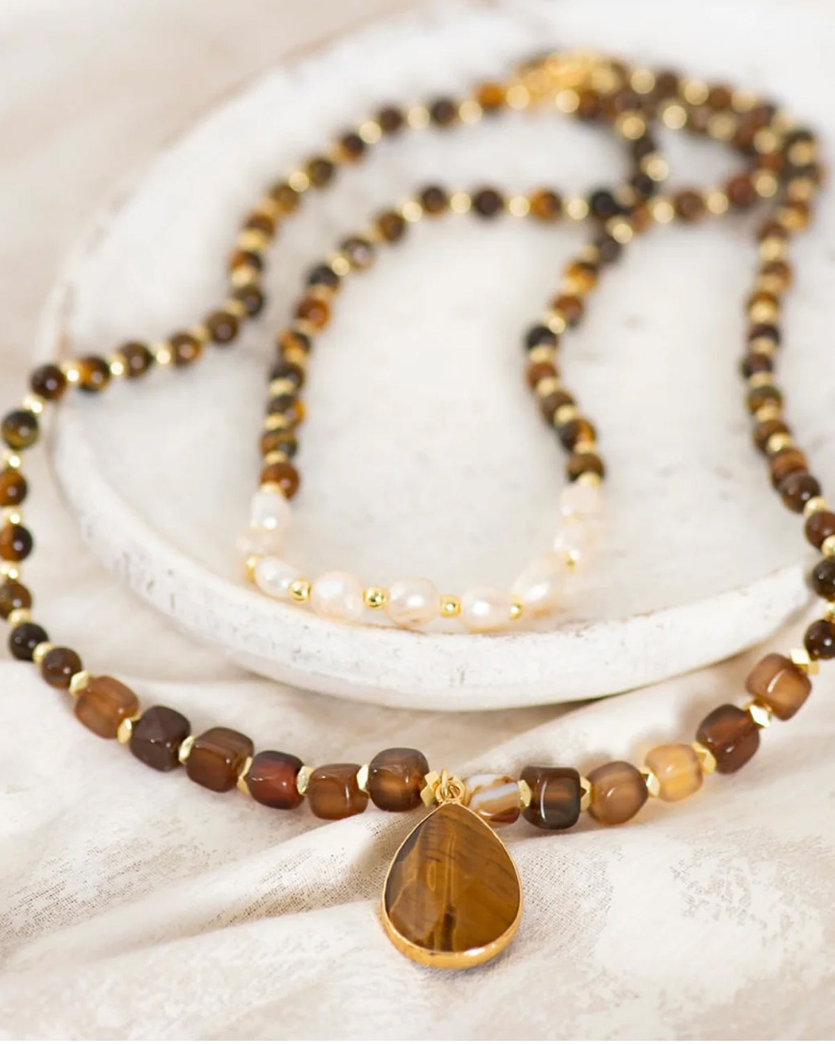 Fearless Muse Necklace - Tiger Eye/Pearl