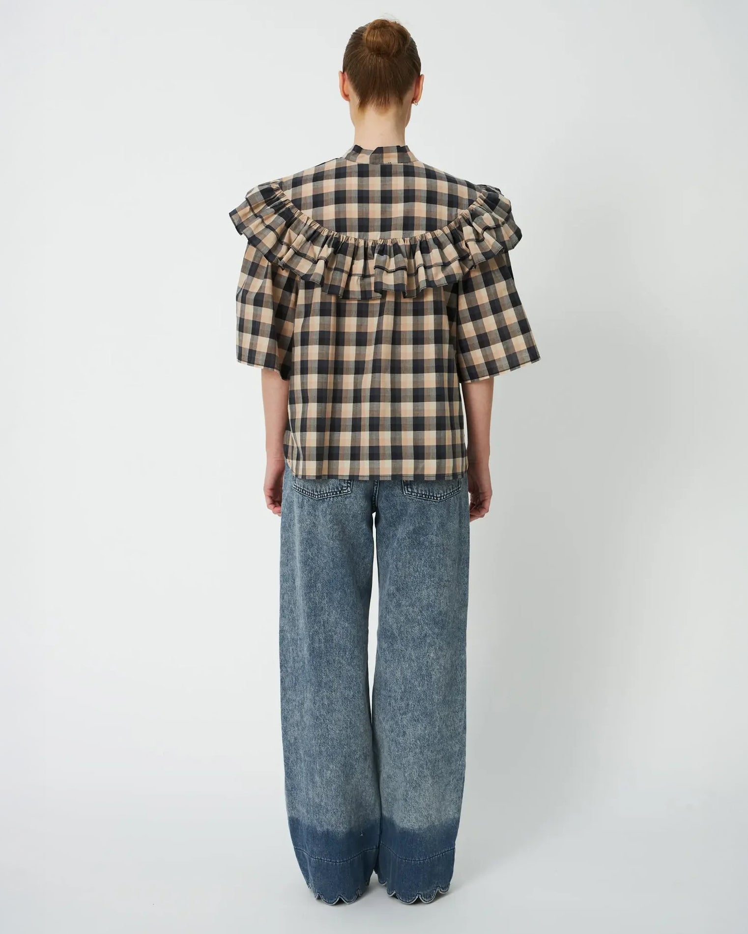 Frill Checked Blouse - Beige/Black Checks