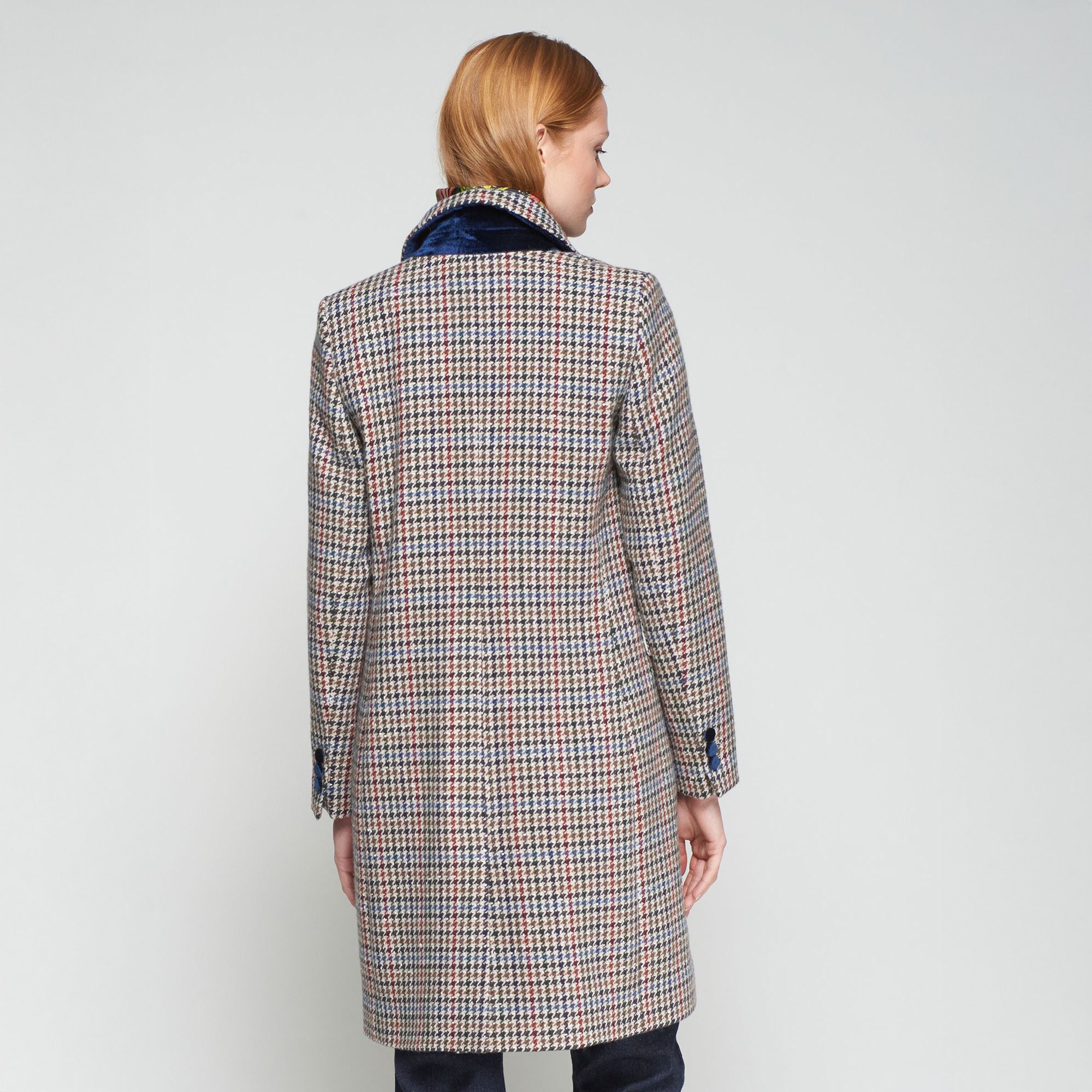 Houndstooth Wool Coat with Velvet Collar - Multi