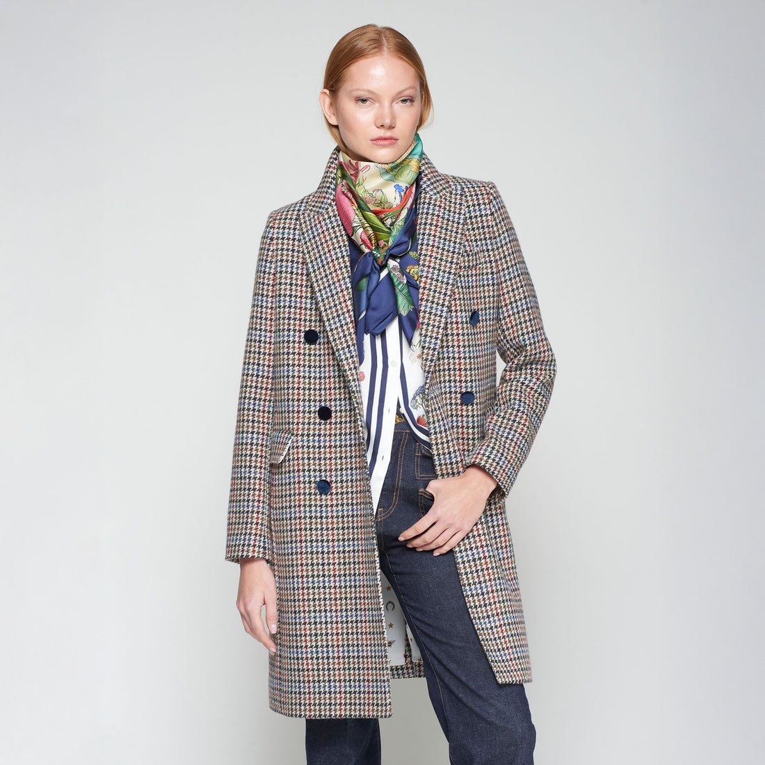 Houndstooth Wool Coat with Velvet Collar - Multi