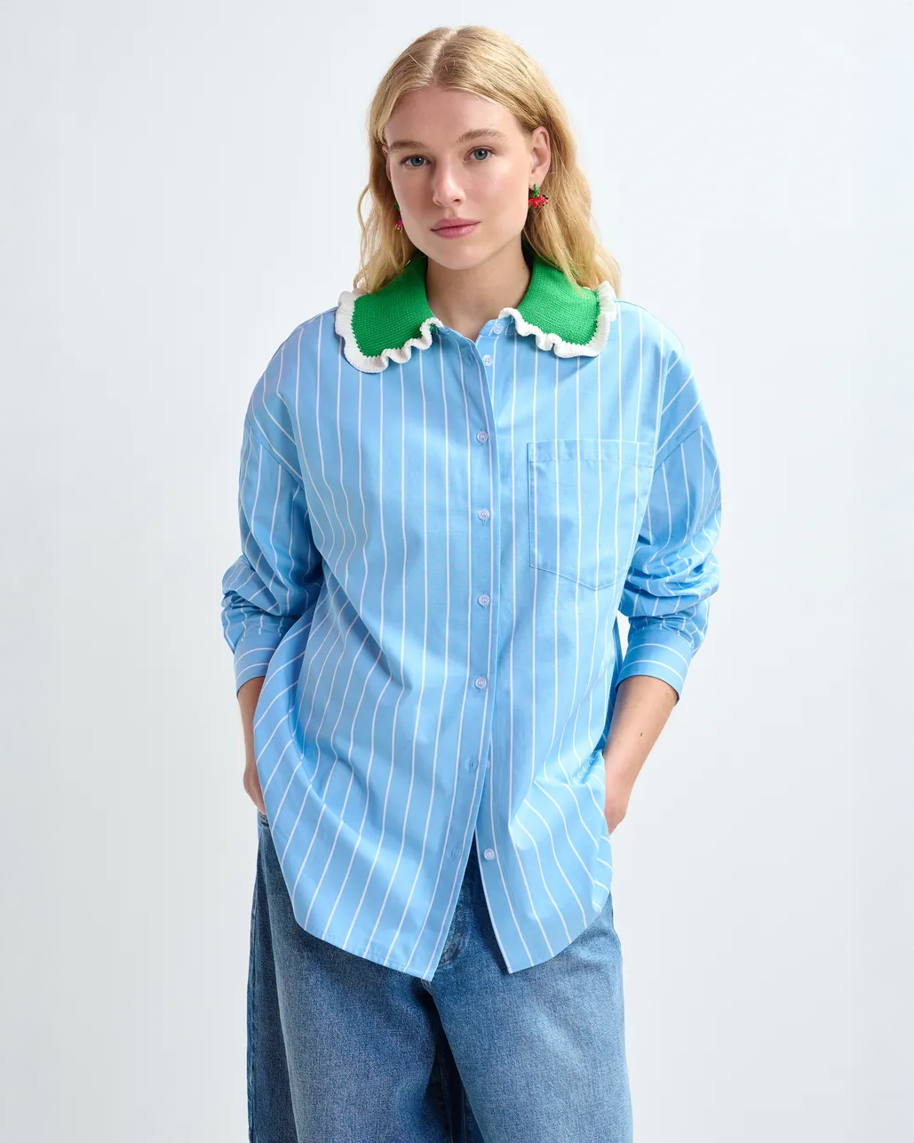 Joyful Crochet Collar Shirt - Basil Smash