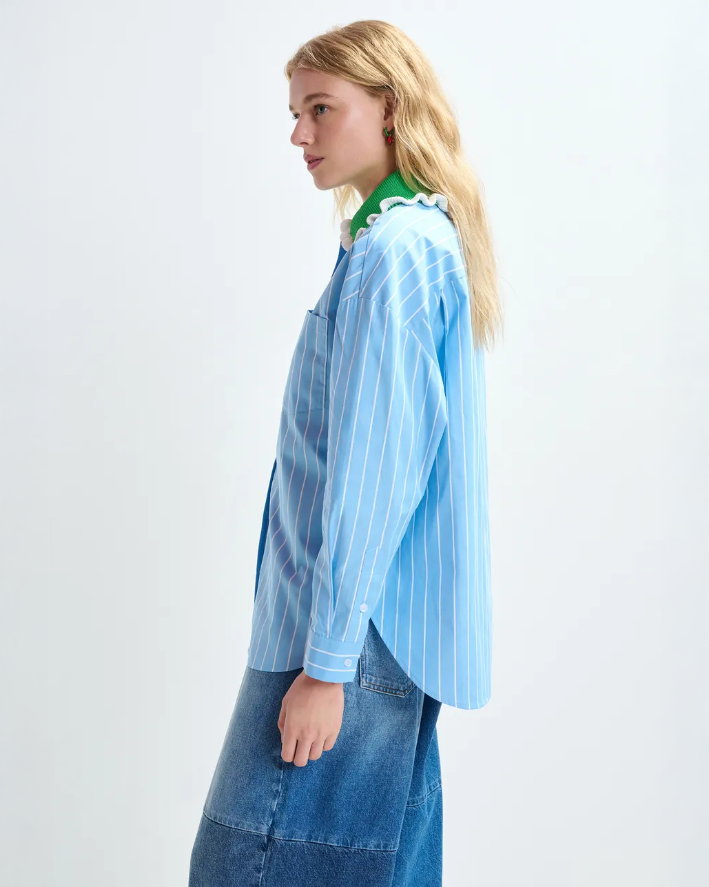 Joyful Crochet Collar Shirt - Basil Smash