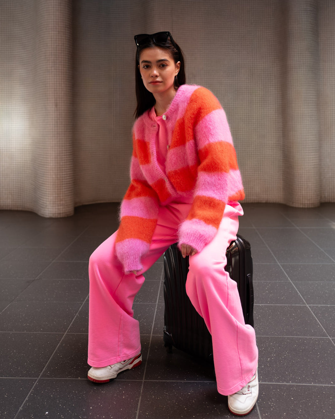 Timea Striped Buttoned Round Neck Long Sleeve Cardigan - Bubblegum-Fire