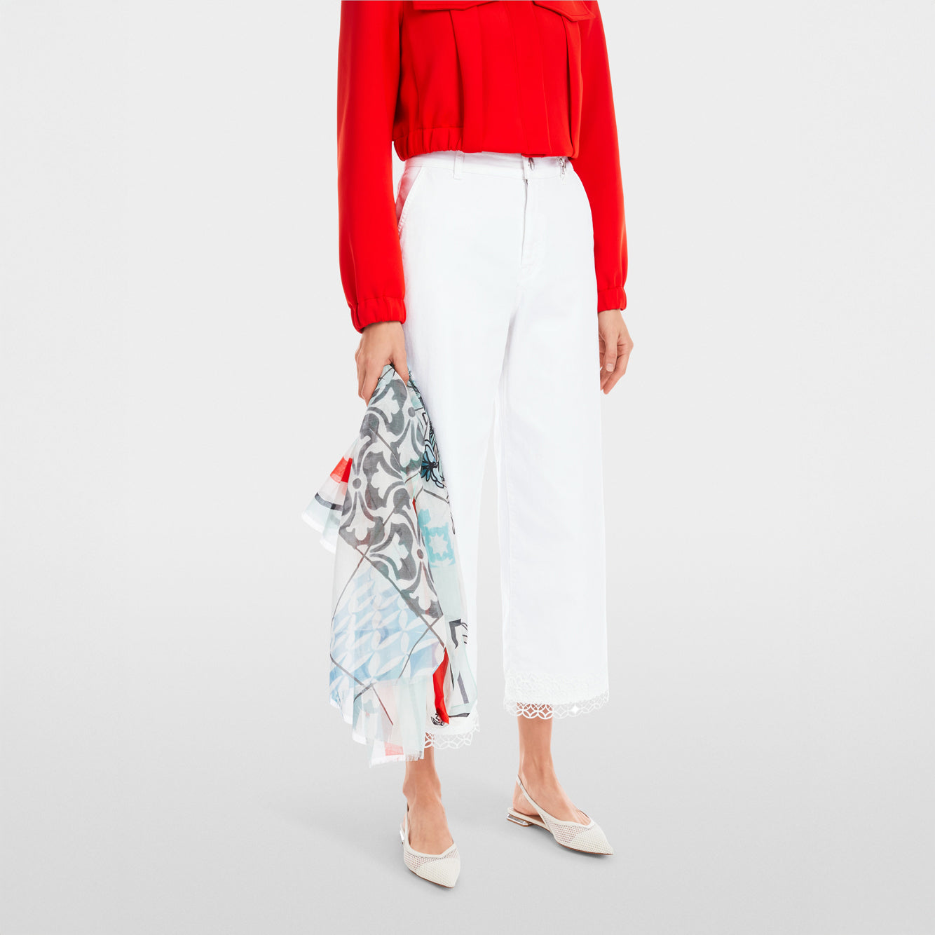 Lace Trim Cropped Trousers - White