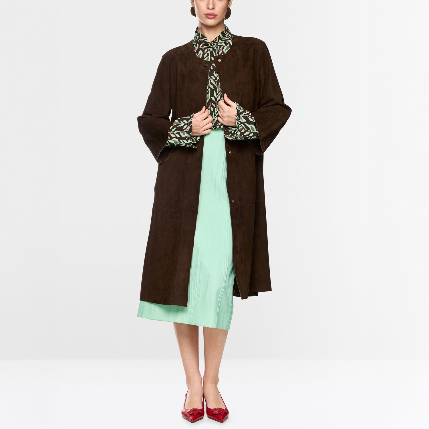 Long Suede Coat - Dark Wood