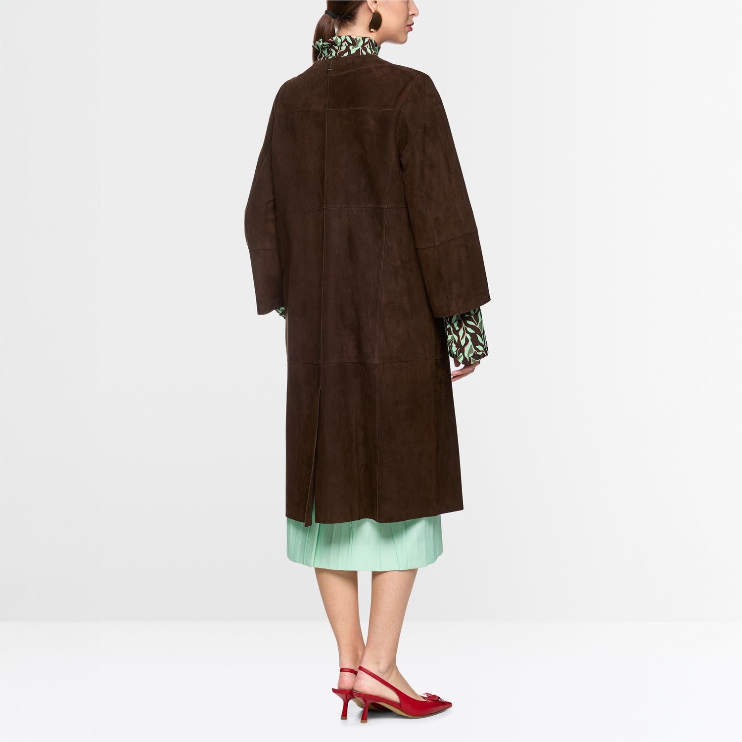 Long Suede Coat - Dark Wood