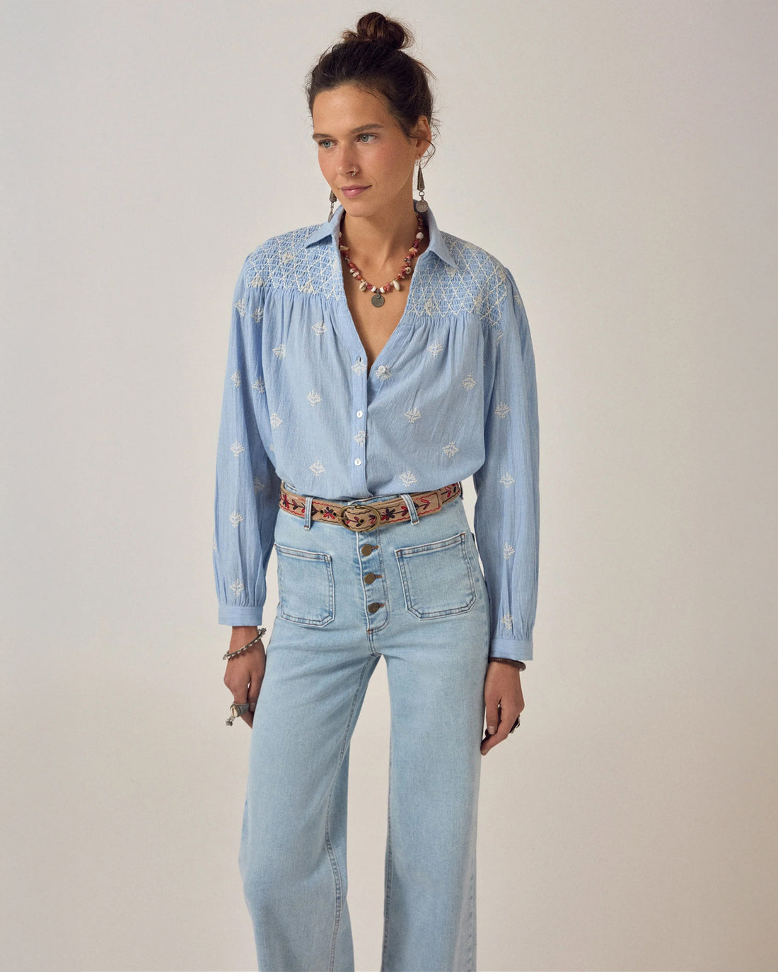 James Smocked Yoke Blouse - Sky Blue