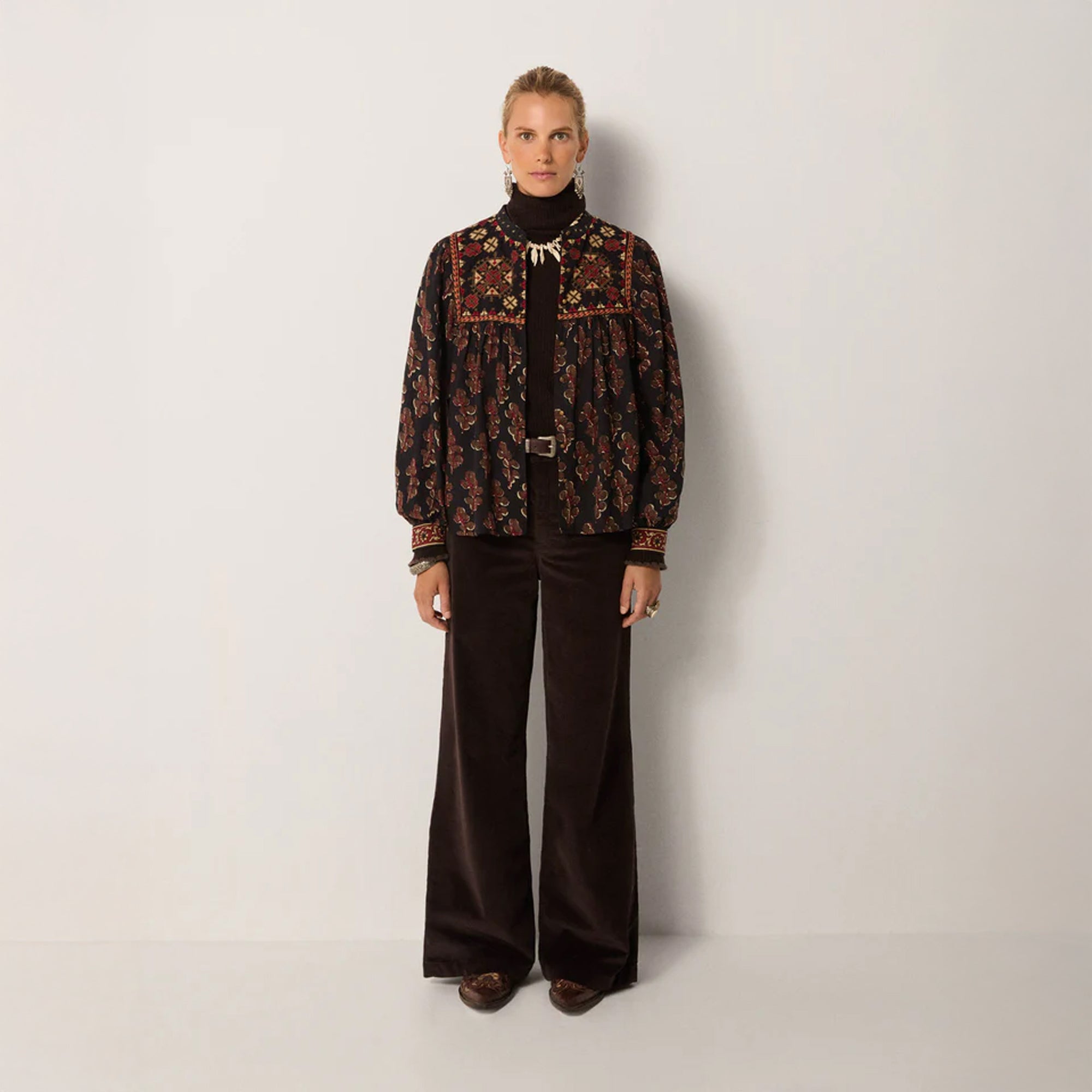 Scarlet Embroidered Yoke Blouse - Black Coffee