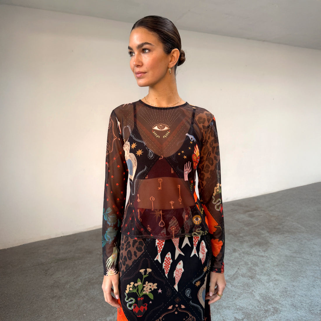 Night Garden Mesh Long Sleeve Top - Black