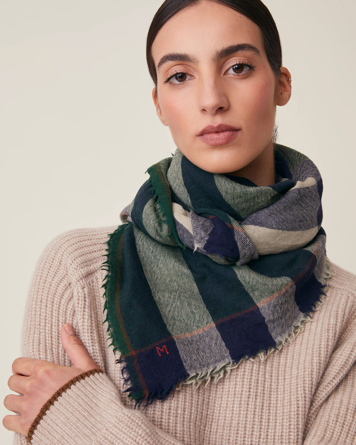 No.854 Wool & Cashmere Large Check Scarf - Celtic - Green/Navy