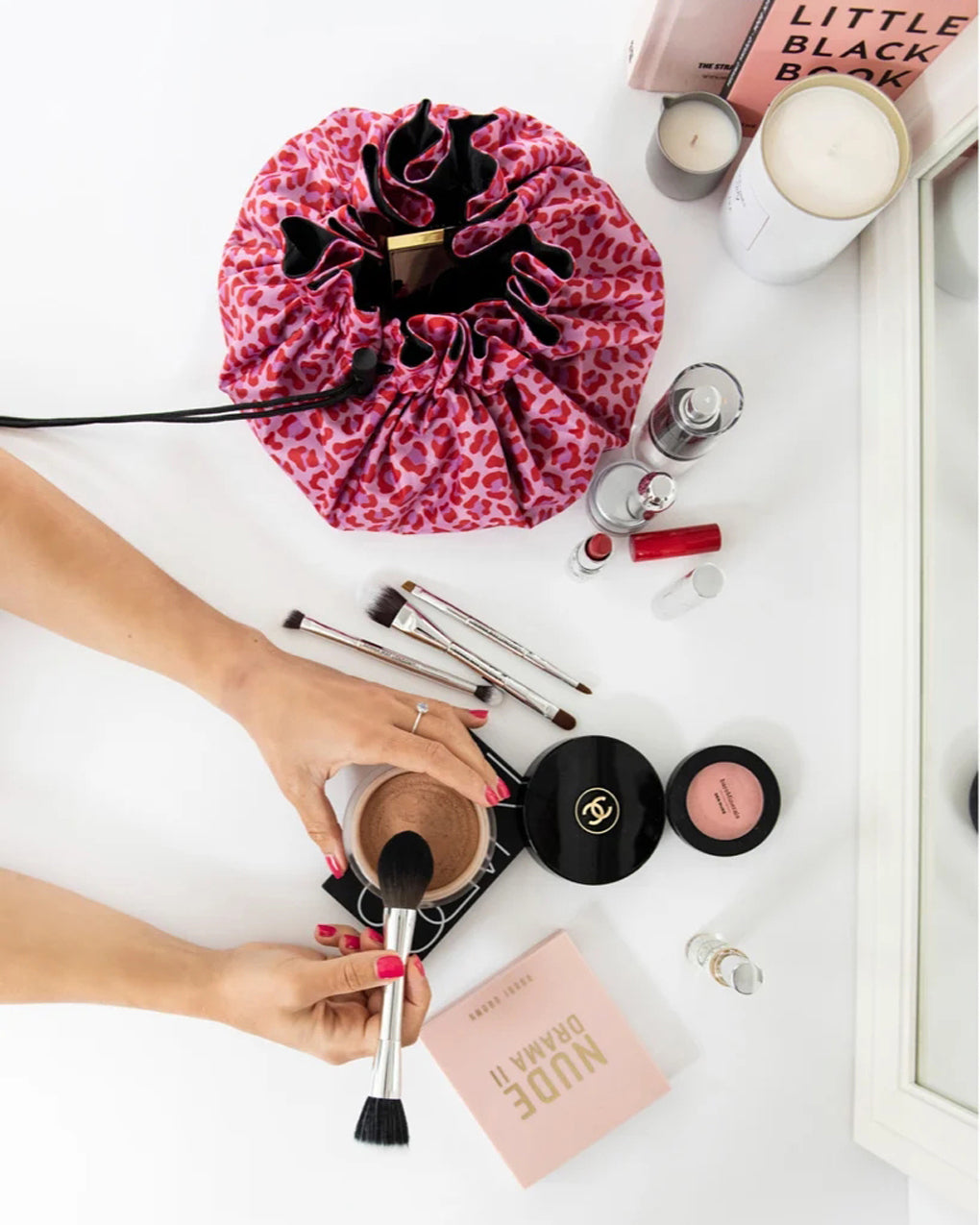 Open Flat Make Up Bag - Red & Pink Leopard