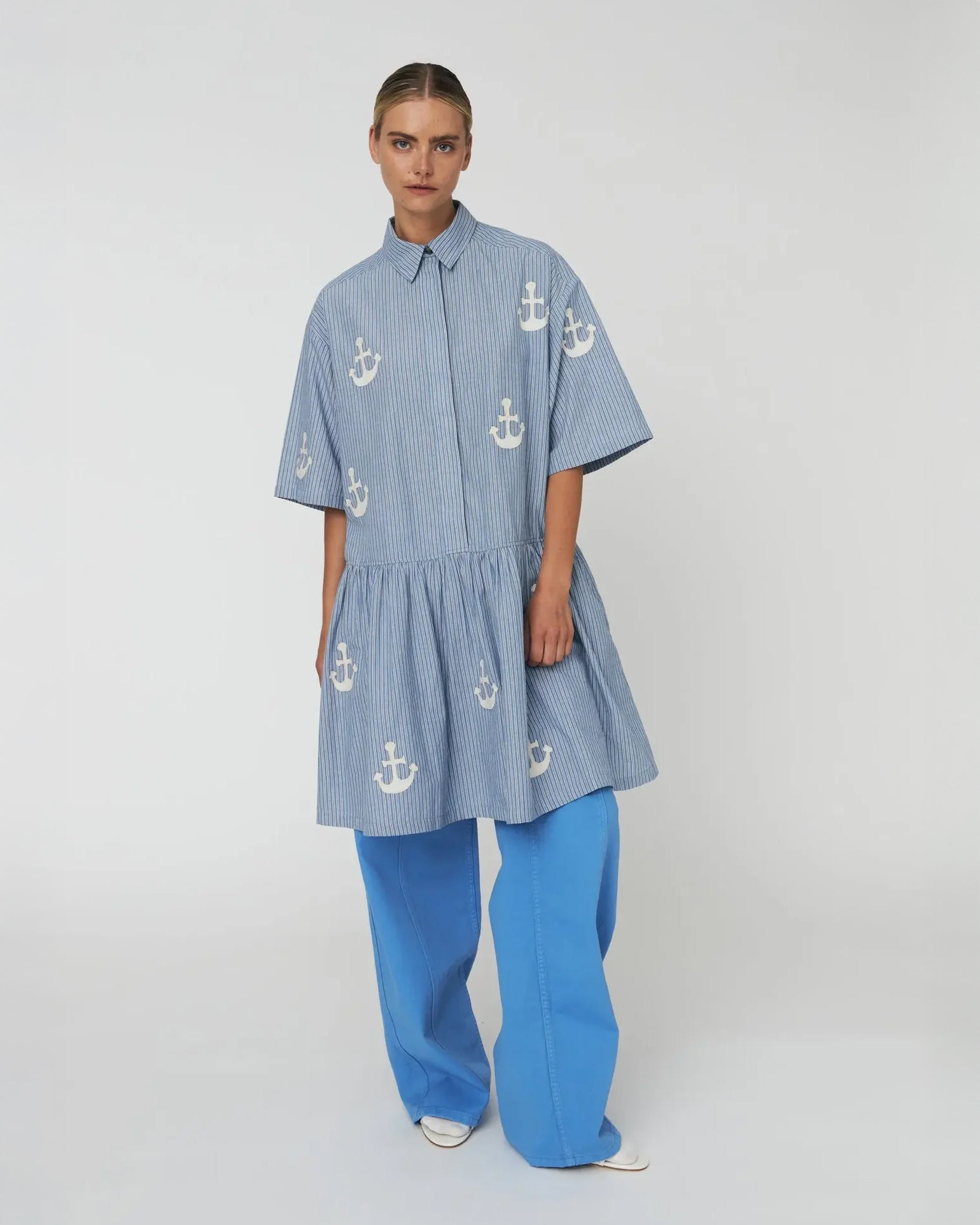 Oversized Dress With Embroidered Anchor - Blue Stripes