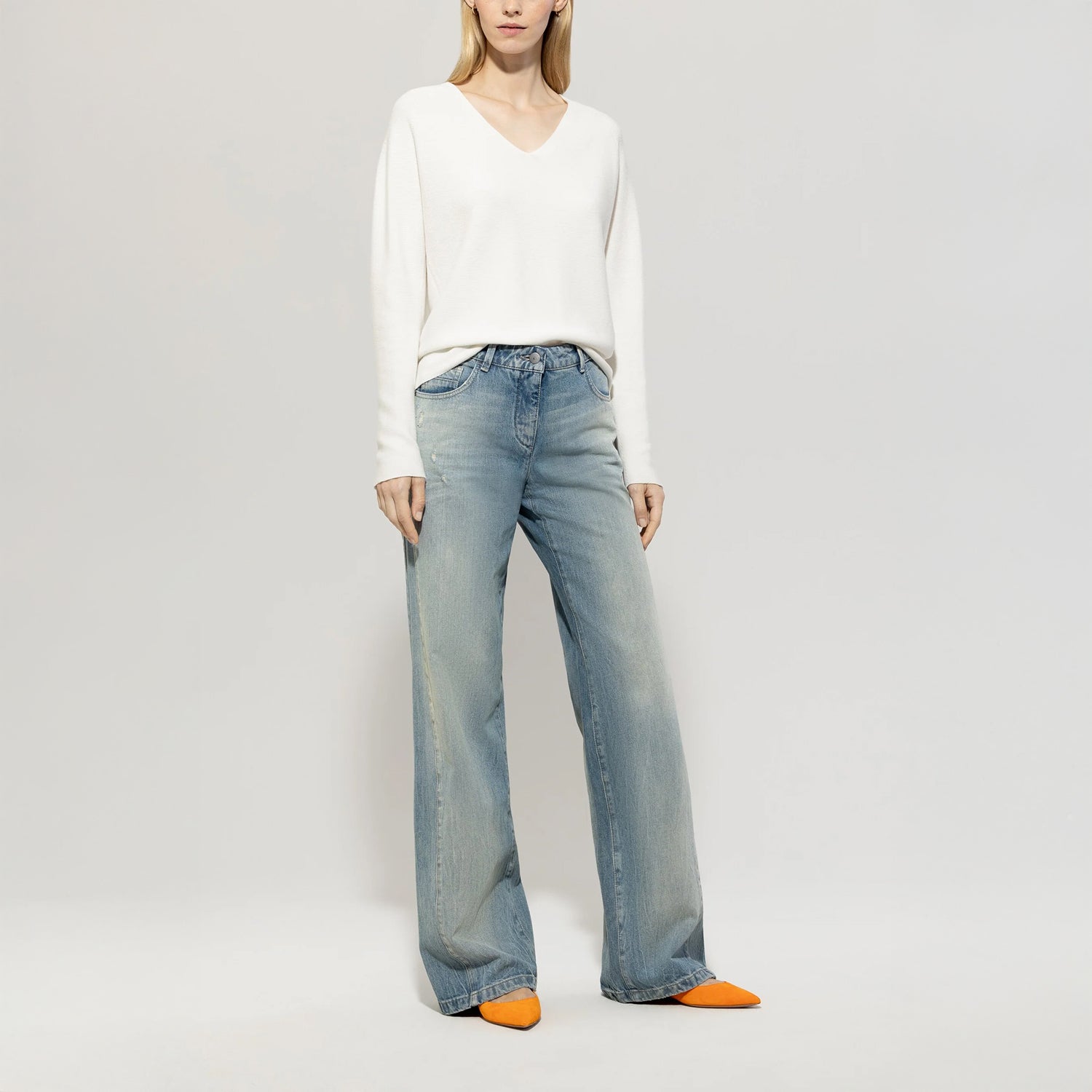 Purl Knit V-Neck Top - Off White