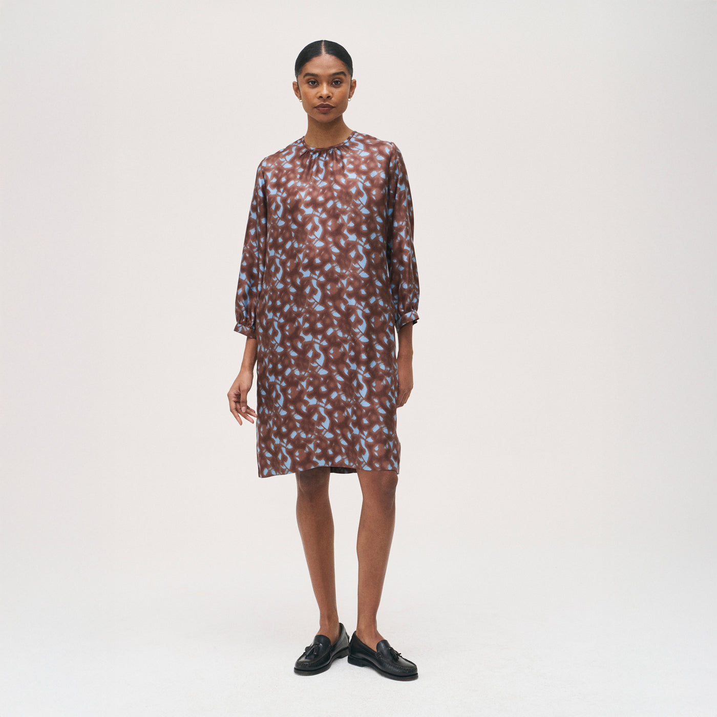 Silk Round Neck Dress - Light Blue/Brown