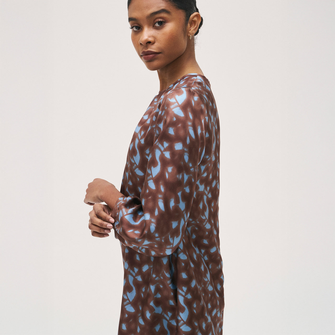 Silk Round Neck Dress - Light Blue/Brown