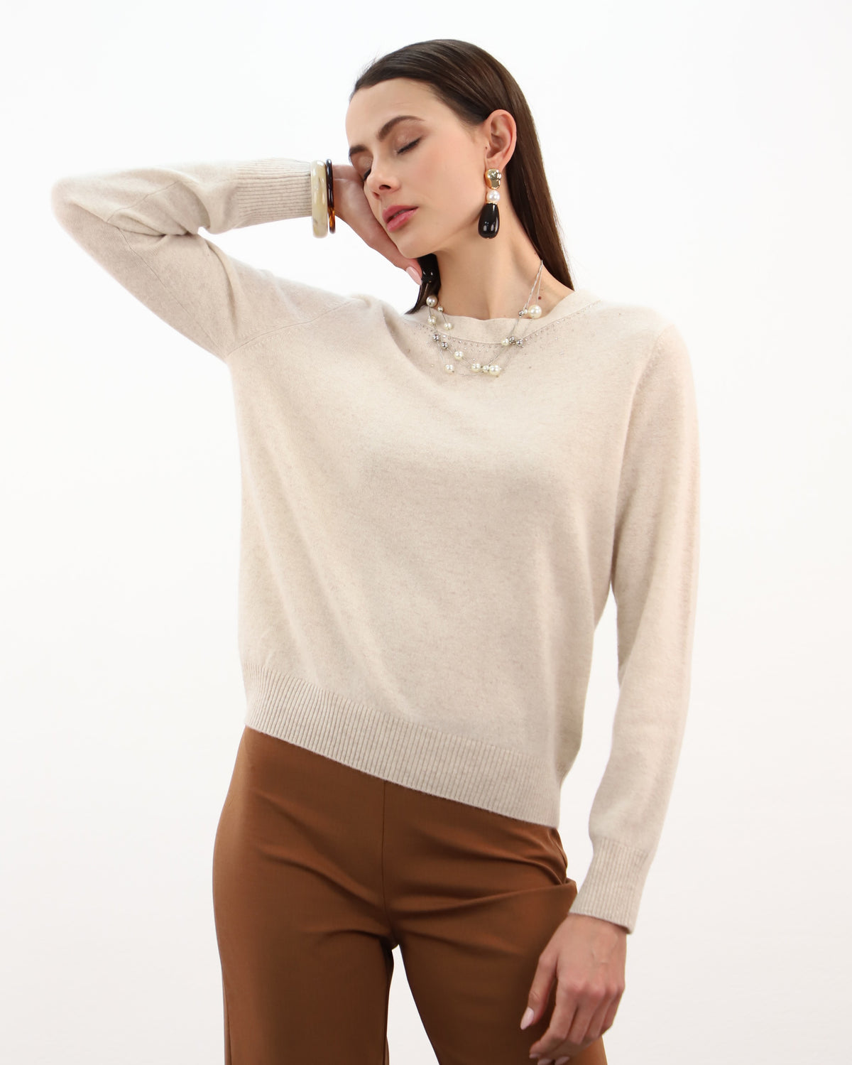 Diamante Neck Detail Jumper - Oat