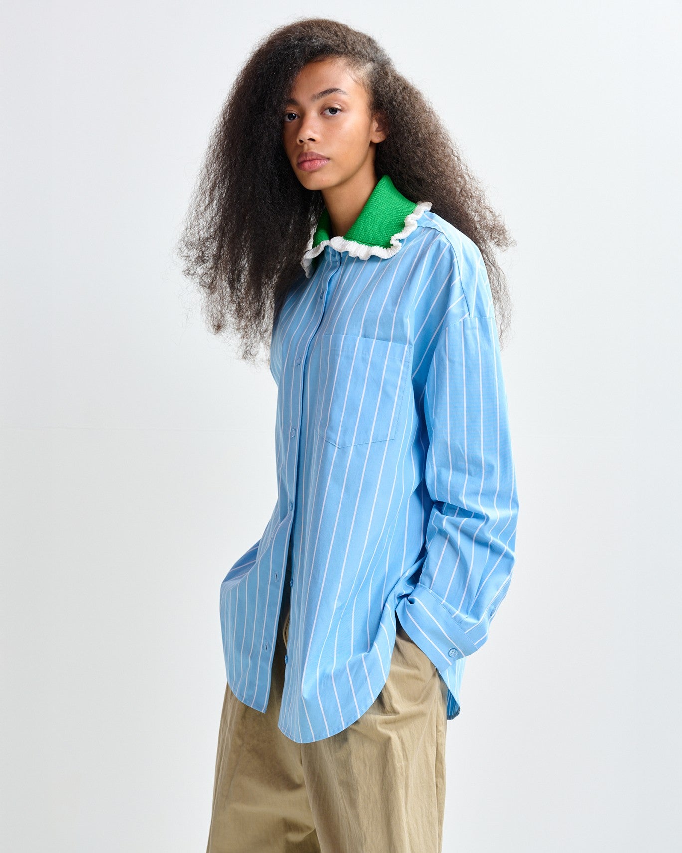 Cavells | Essentiel Antwerp Joyful Crochet Collar Shirt in Basil Smash