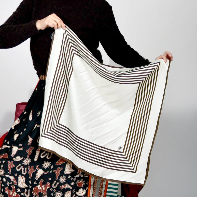 Striped Silk Scarf - Cream And Mocha Mousse