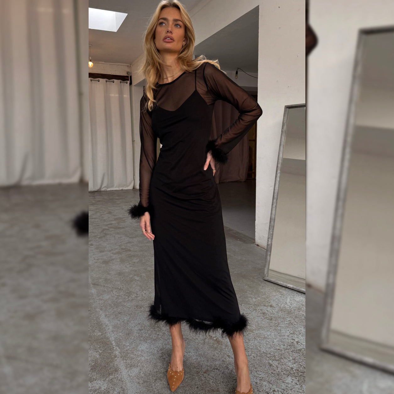 Black Mesh Feather Trim Dress - Black