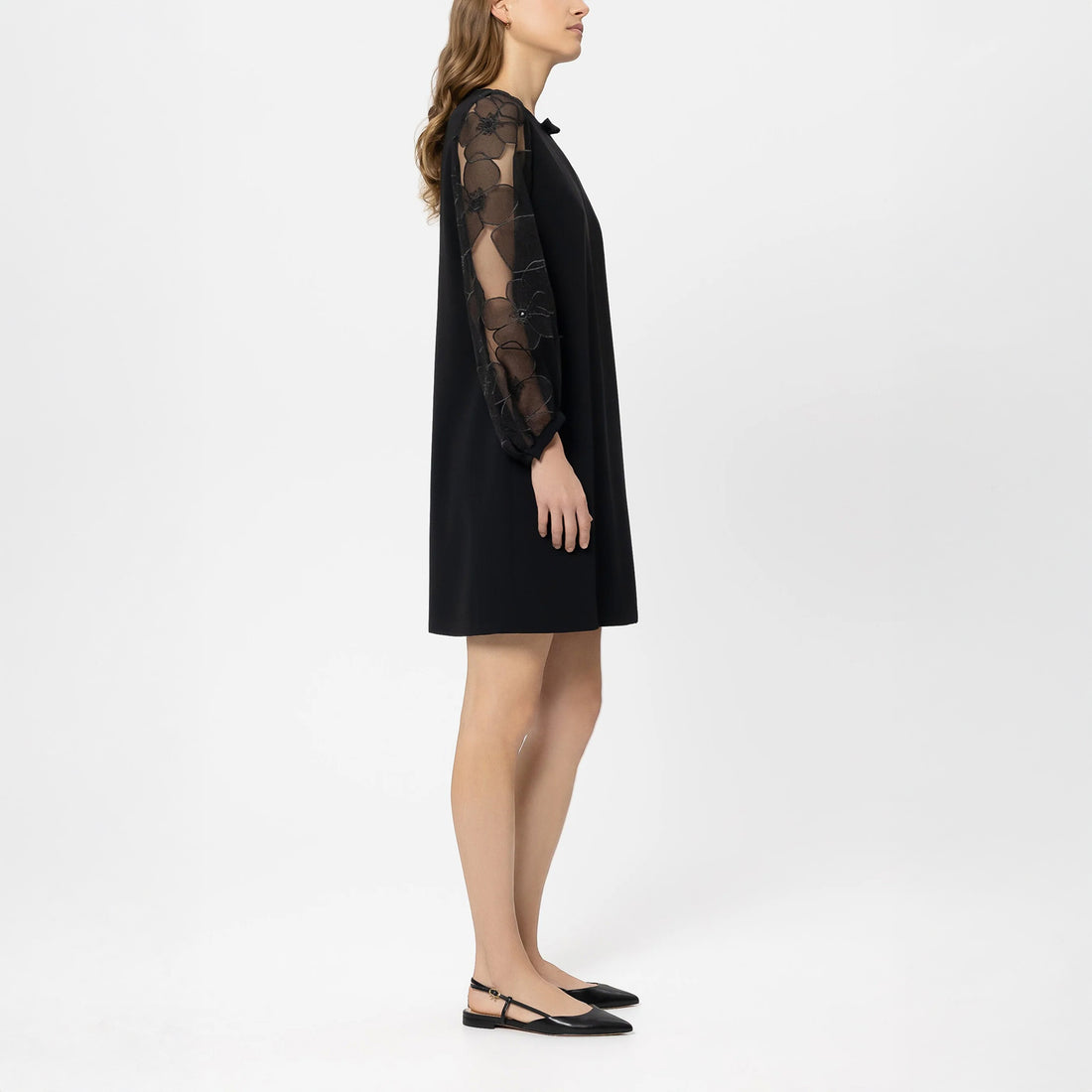 Sheer Floral Sleeve Dress - Black