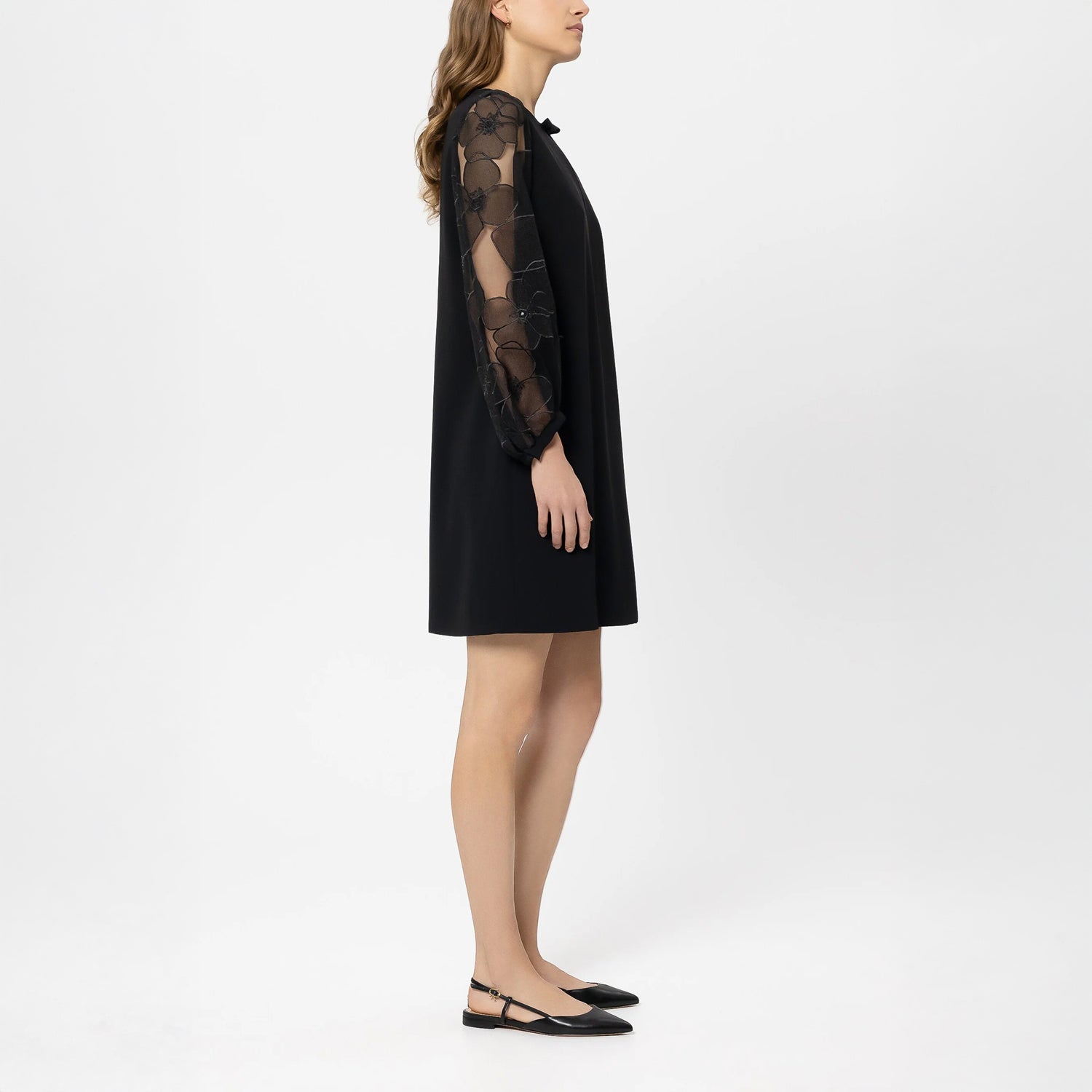 Sheer Floral Sleeve Dress - Black