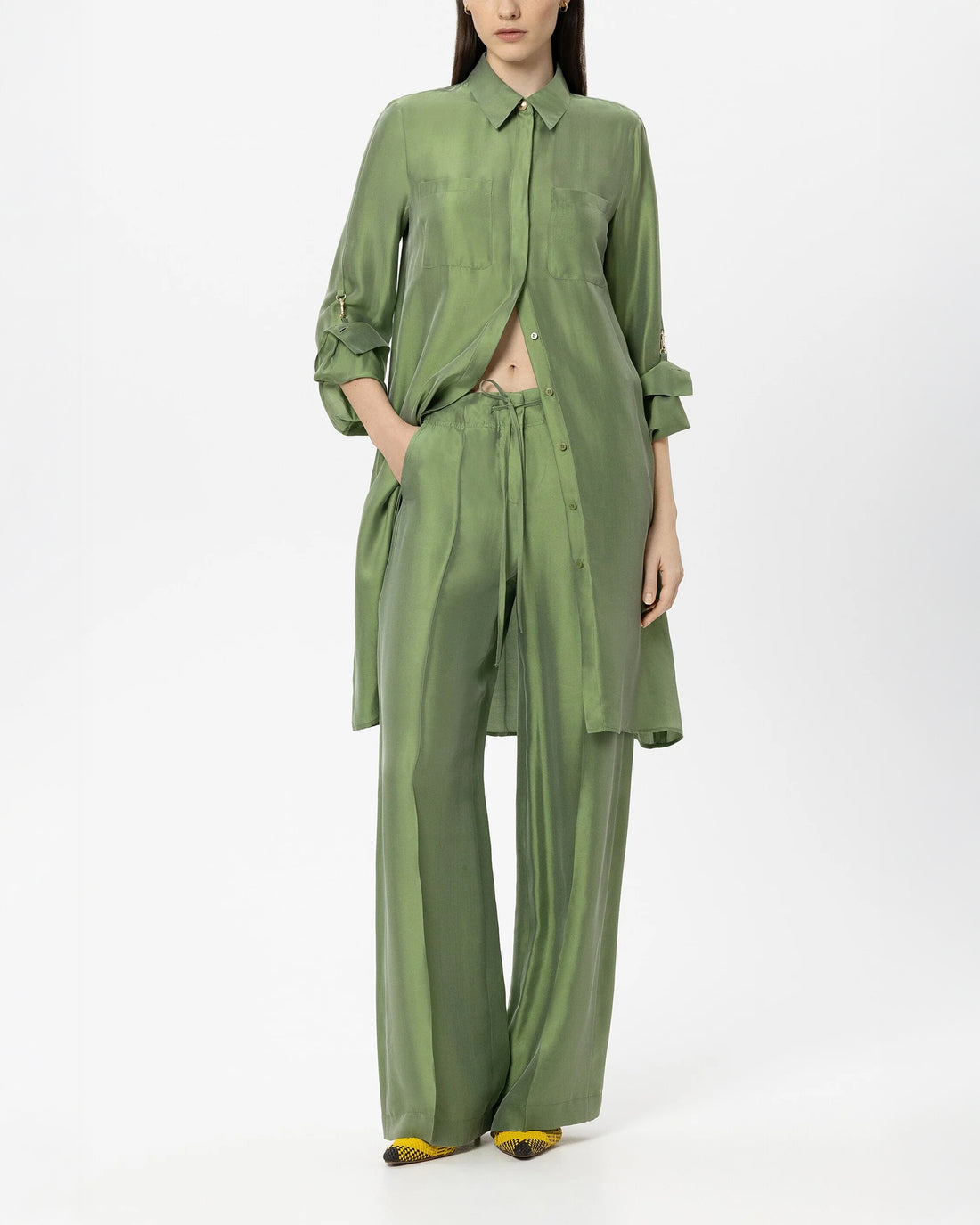Shirt Dress Silk Blend - Moss Green