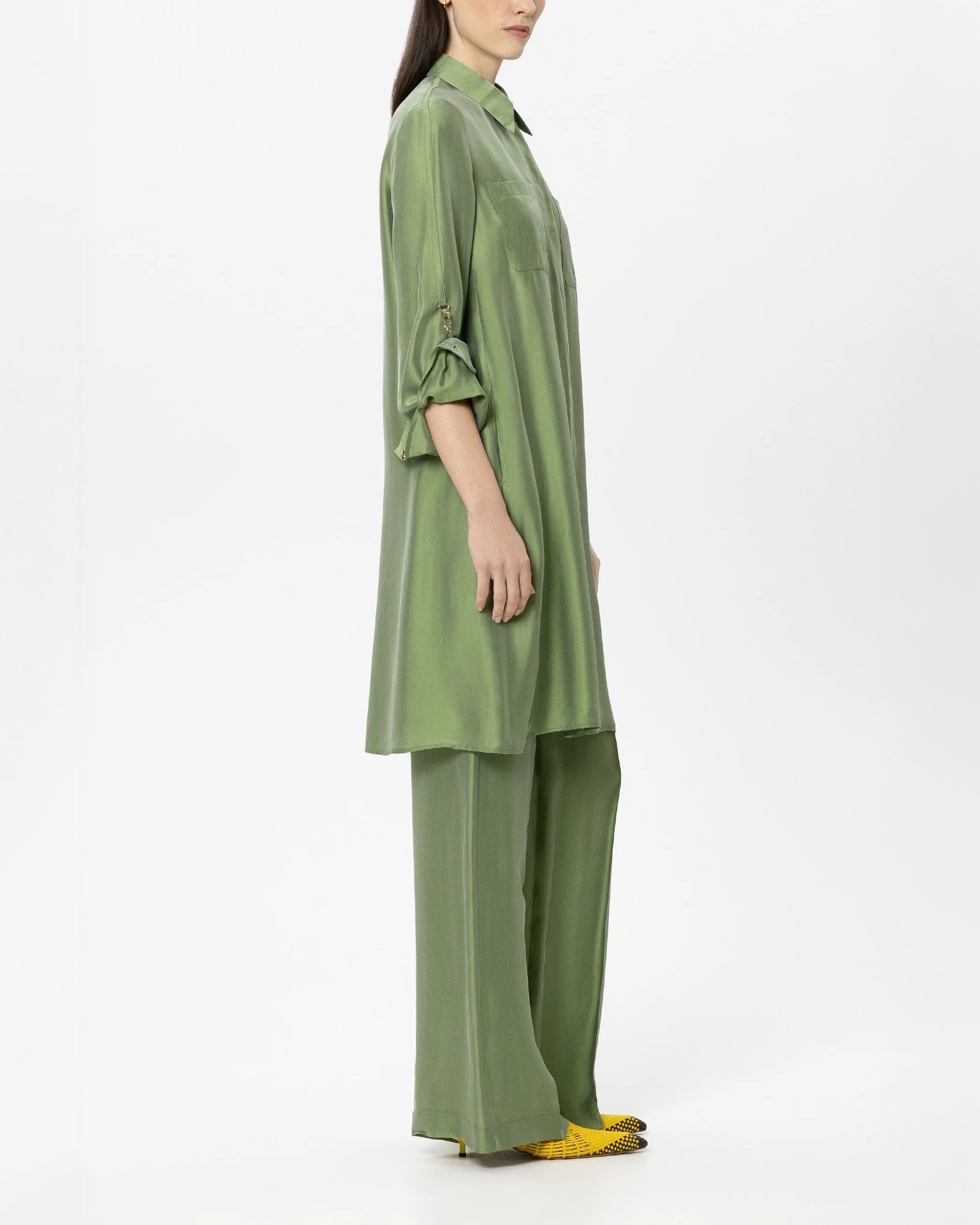 Shirt Dress Silk Blend - Moss Green