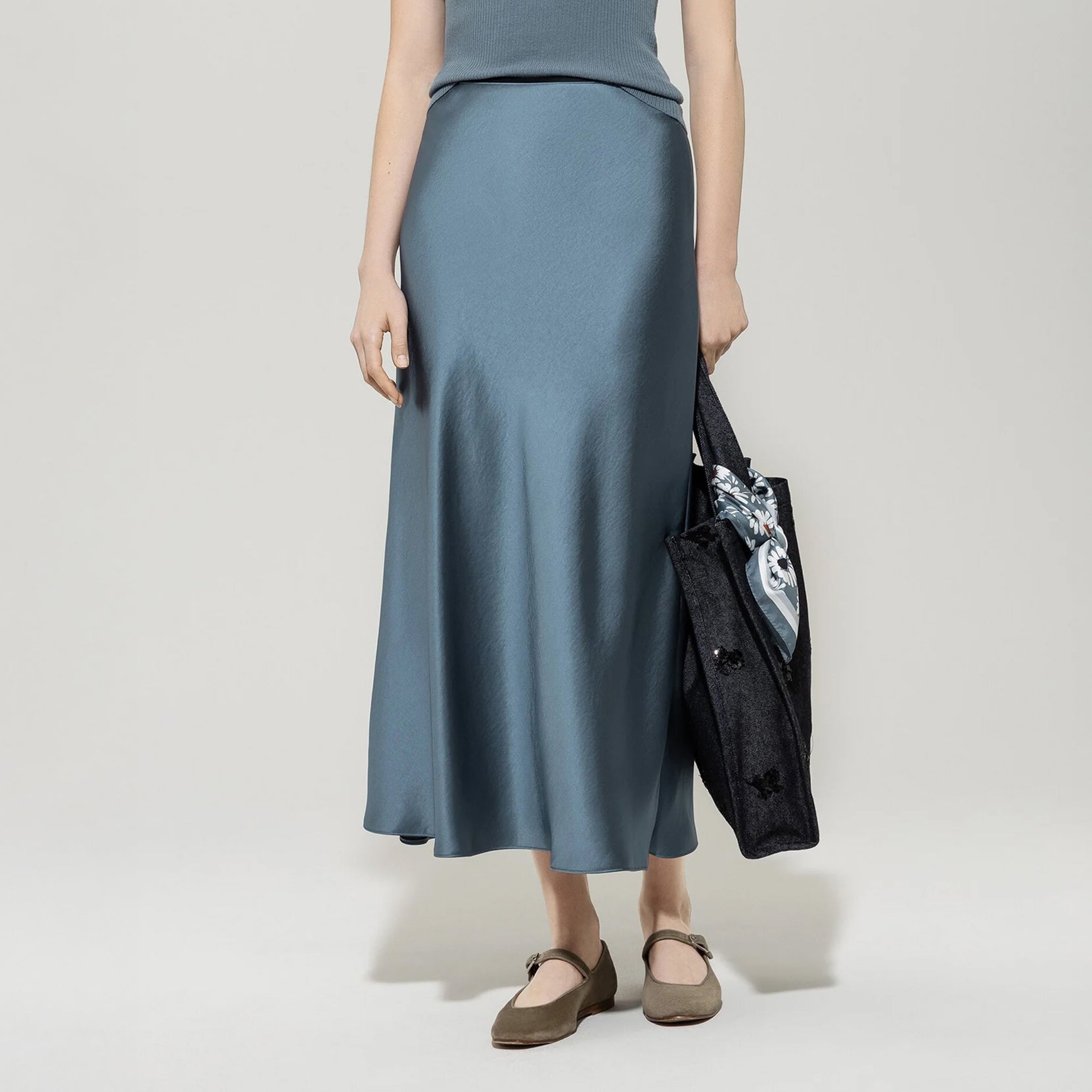 Silk Look Maxi Skirt - Greyish Blue