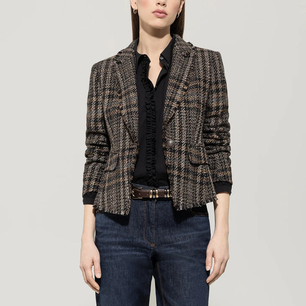 Single Button Check Blazer - Black Check