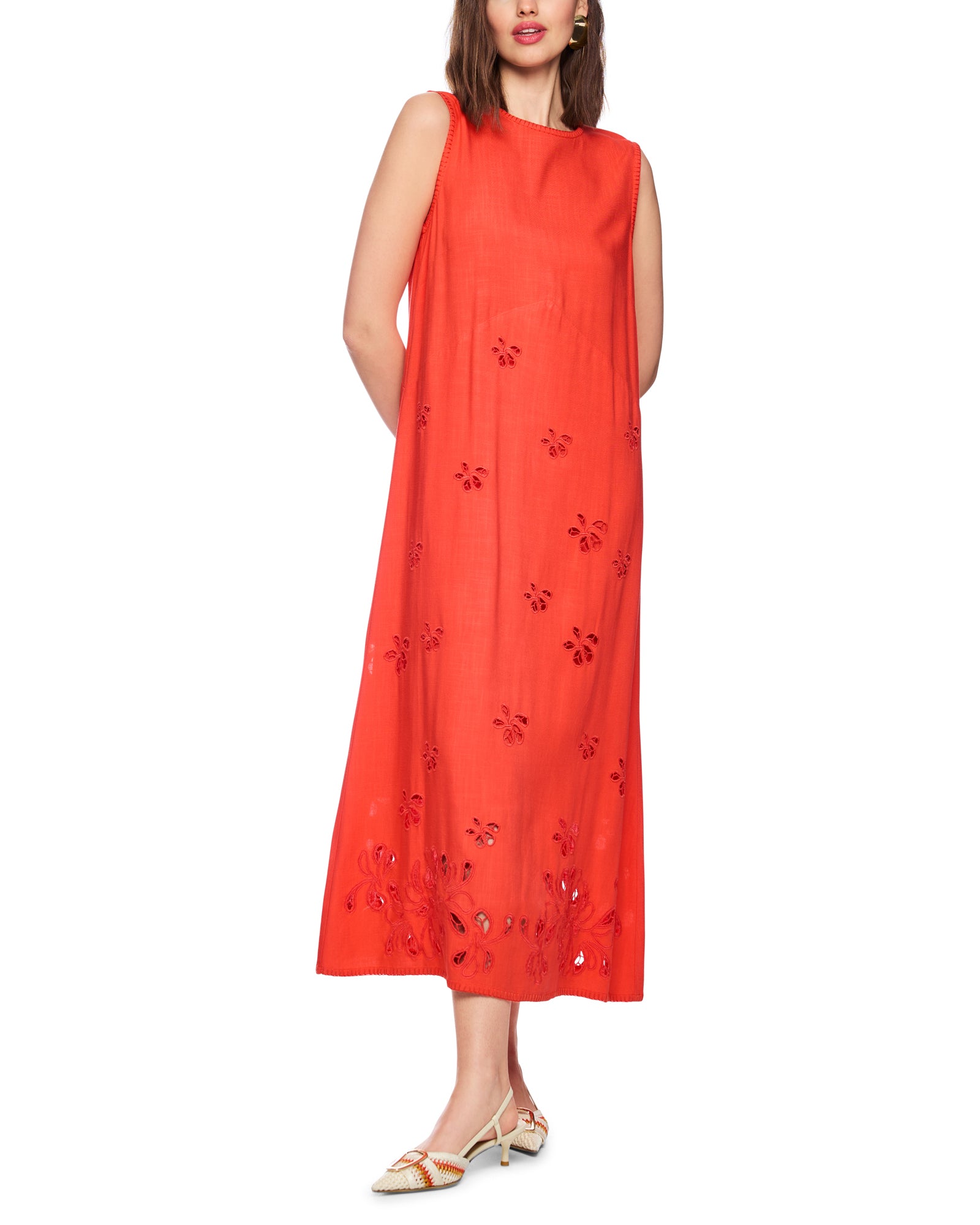 Sleeveless Embroidered Dress - Orange