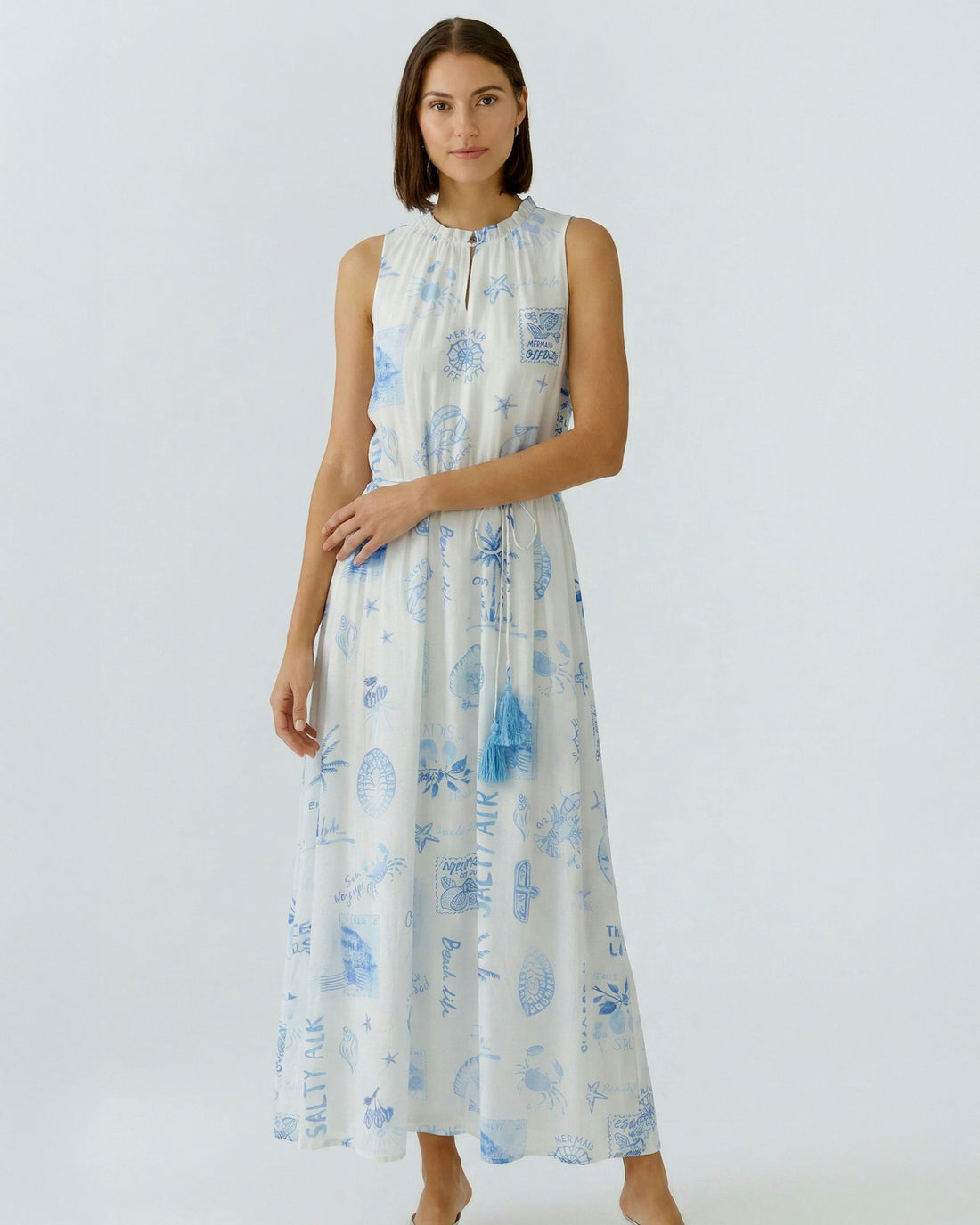 Sleeveless Printed Dress - Blue White