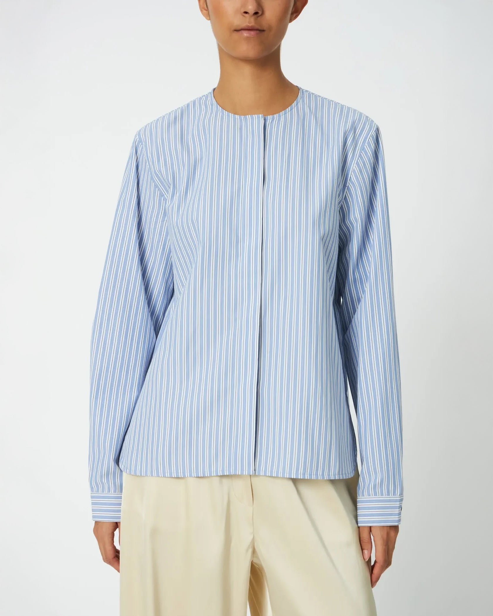 Striped Scallop Bow Shirt - White With Blue Stripes