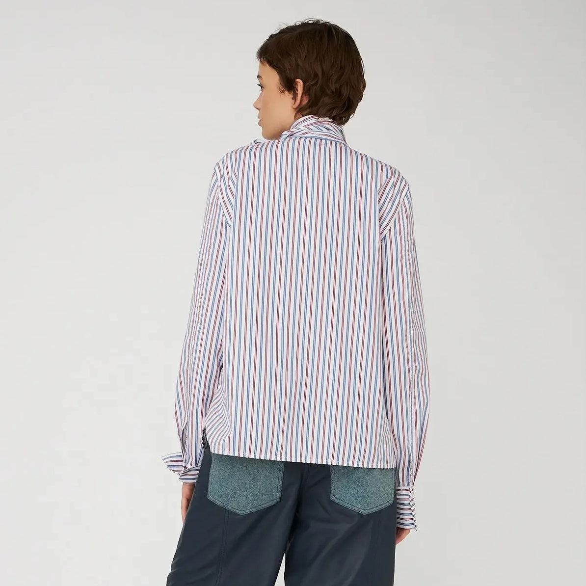 Striped Bow Shirt In Cotton - Red & Blue Stripes
