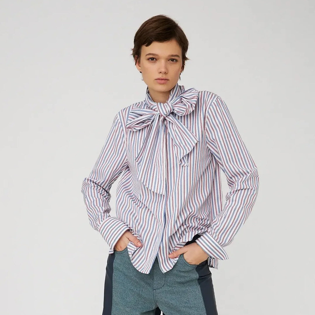Striped Bow Shirt In Cotton - Red & Blue Stripes