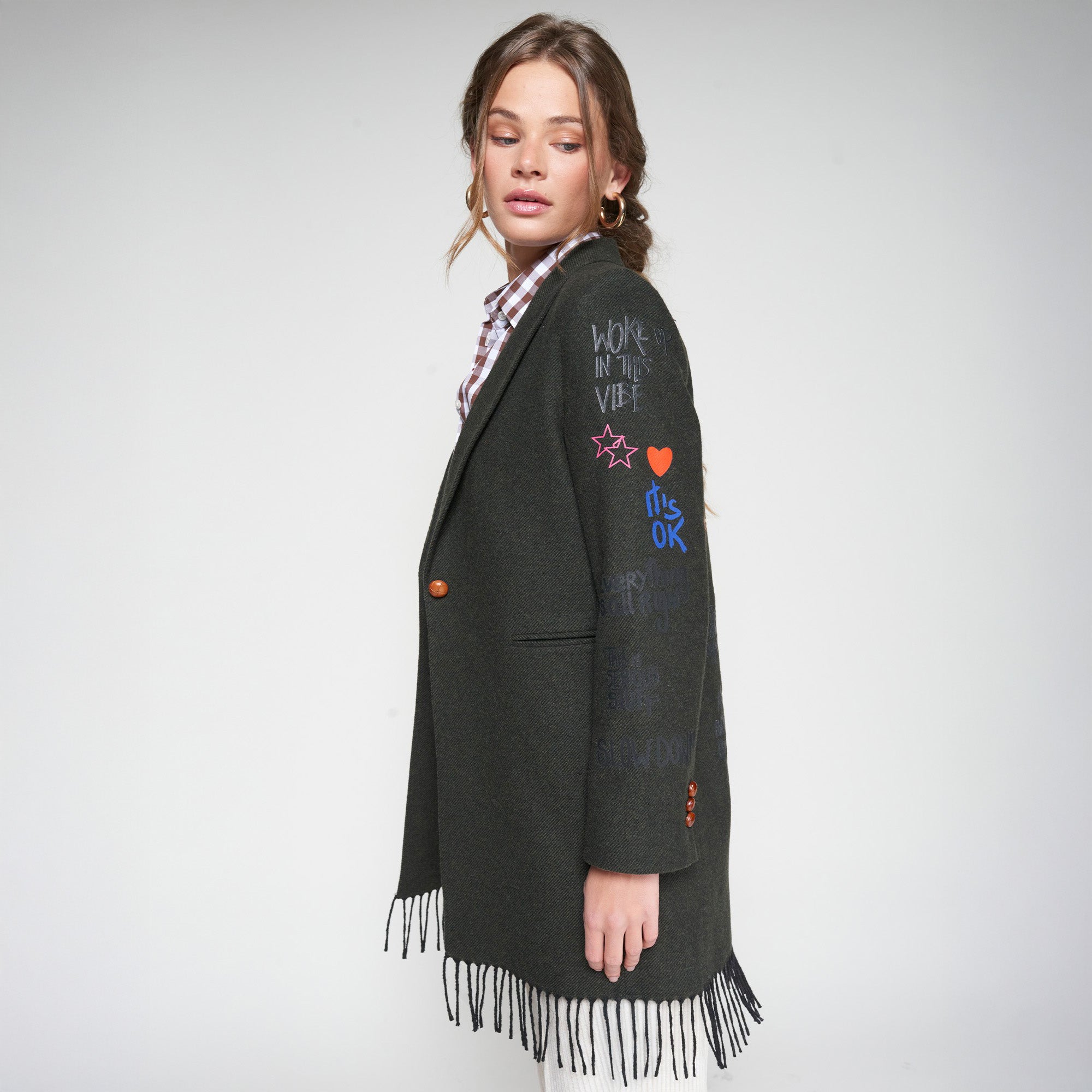 Tassel Emb Long Blazer - Loden Green