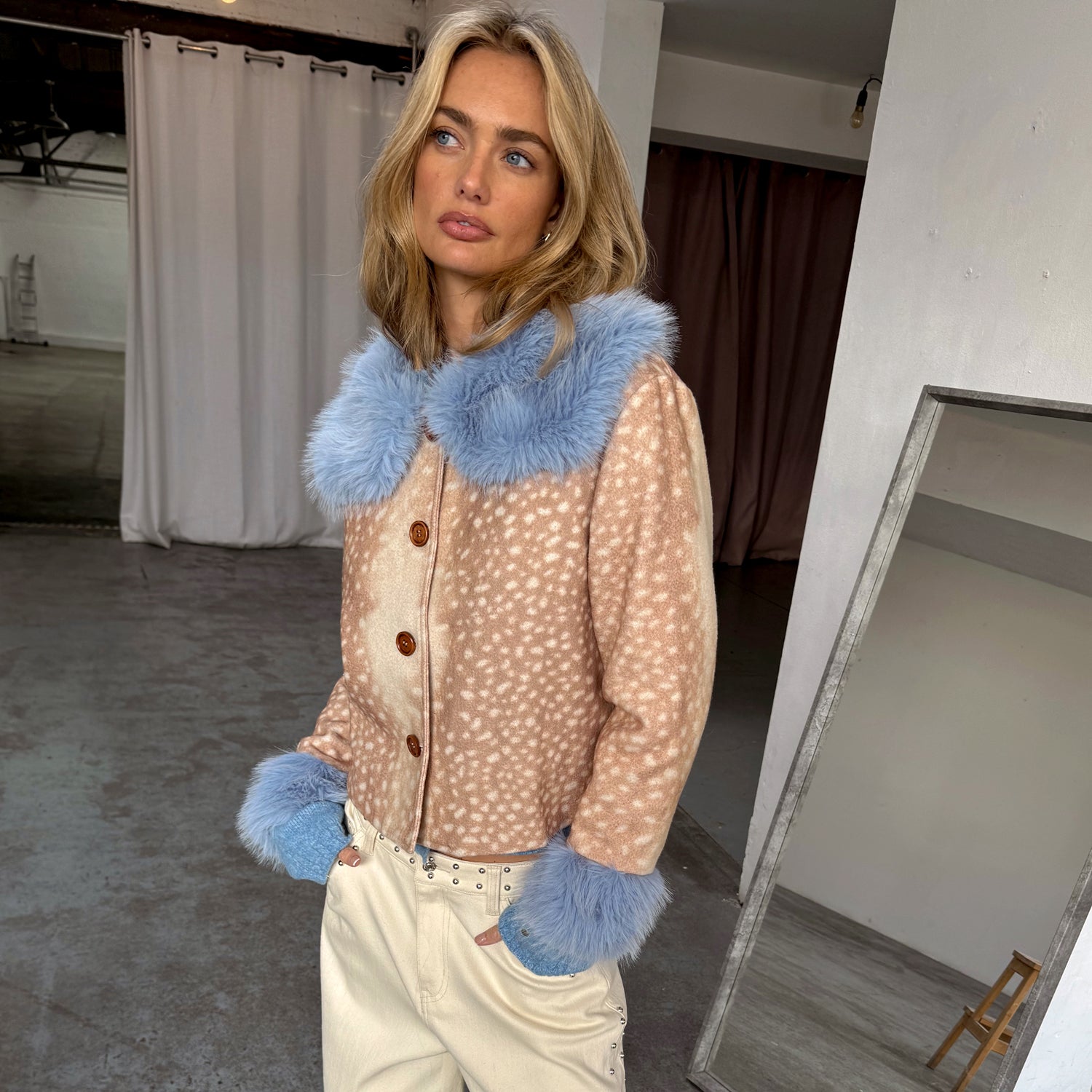 Deer Print Jacket With Blue Fur Trims - Beige