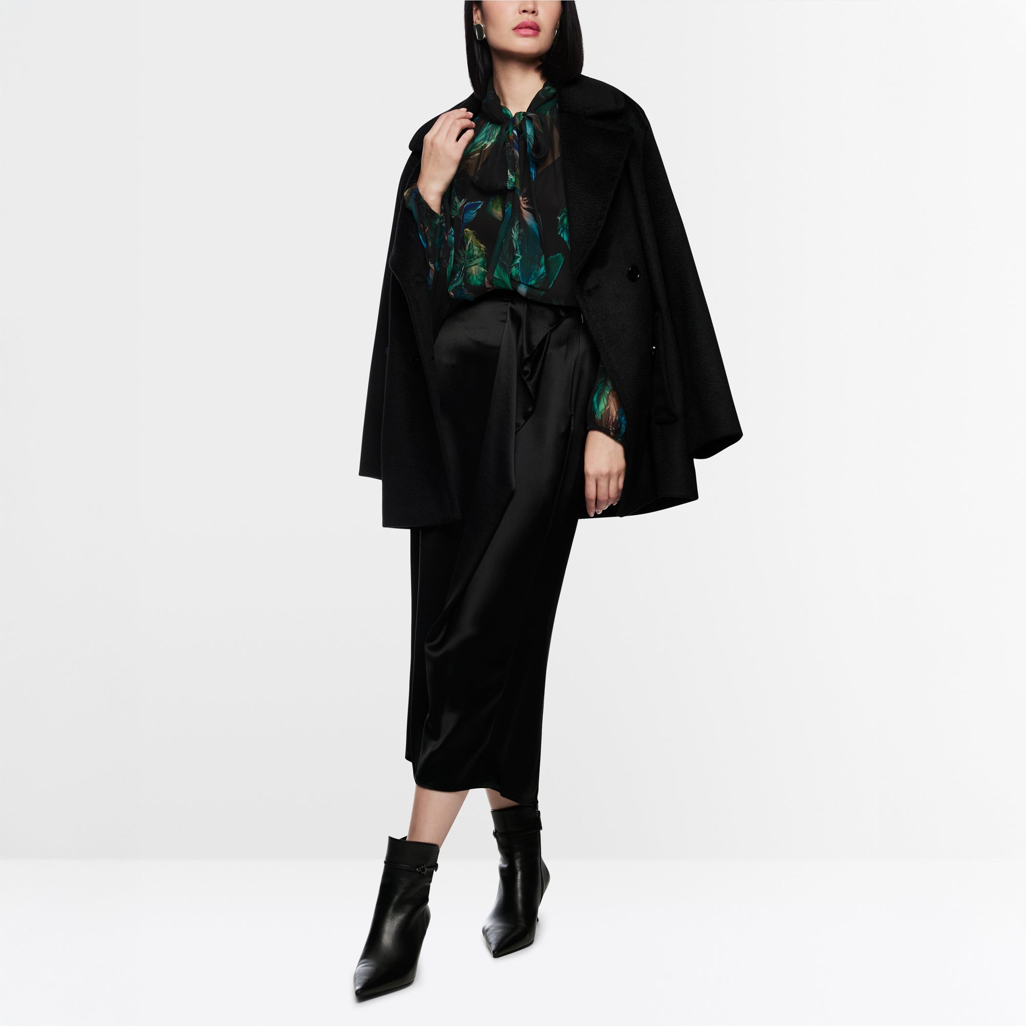 Tie Neck Feather Print Blouse - Dark Jade Green