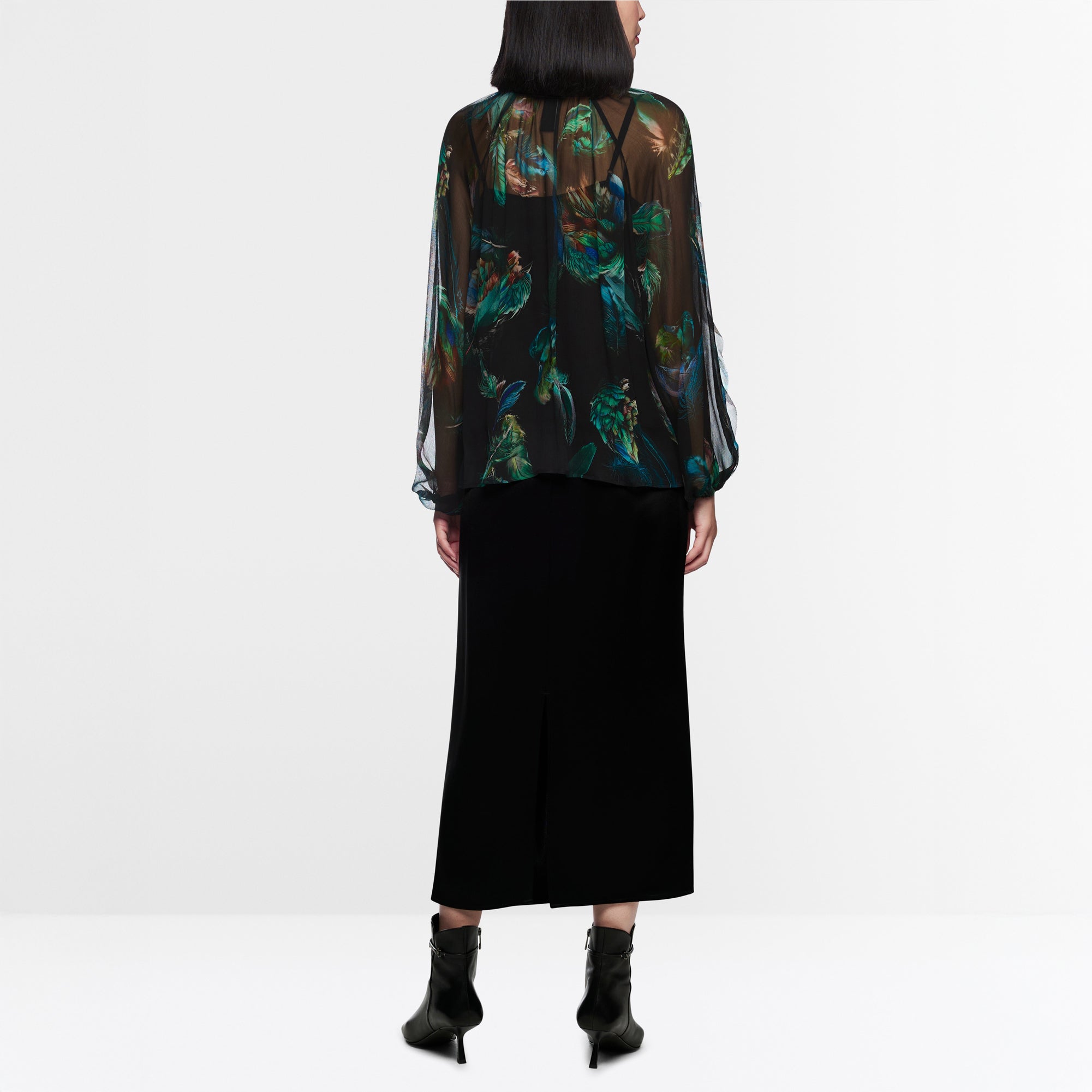 Tie Neck Feather Print Blouse - Dark Jade Green