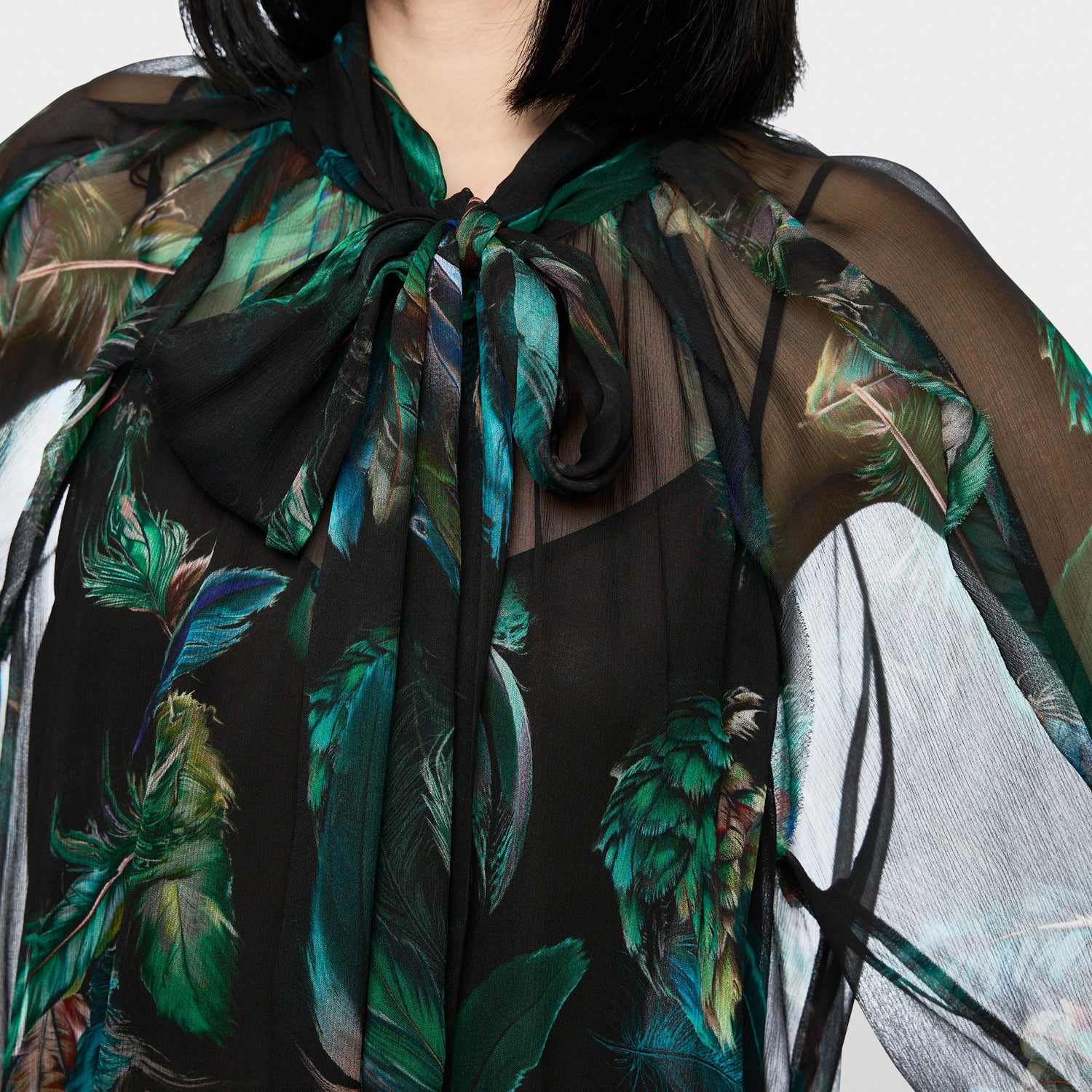 Tie Neck Feather Print Blouse - Dark Jade Green