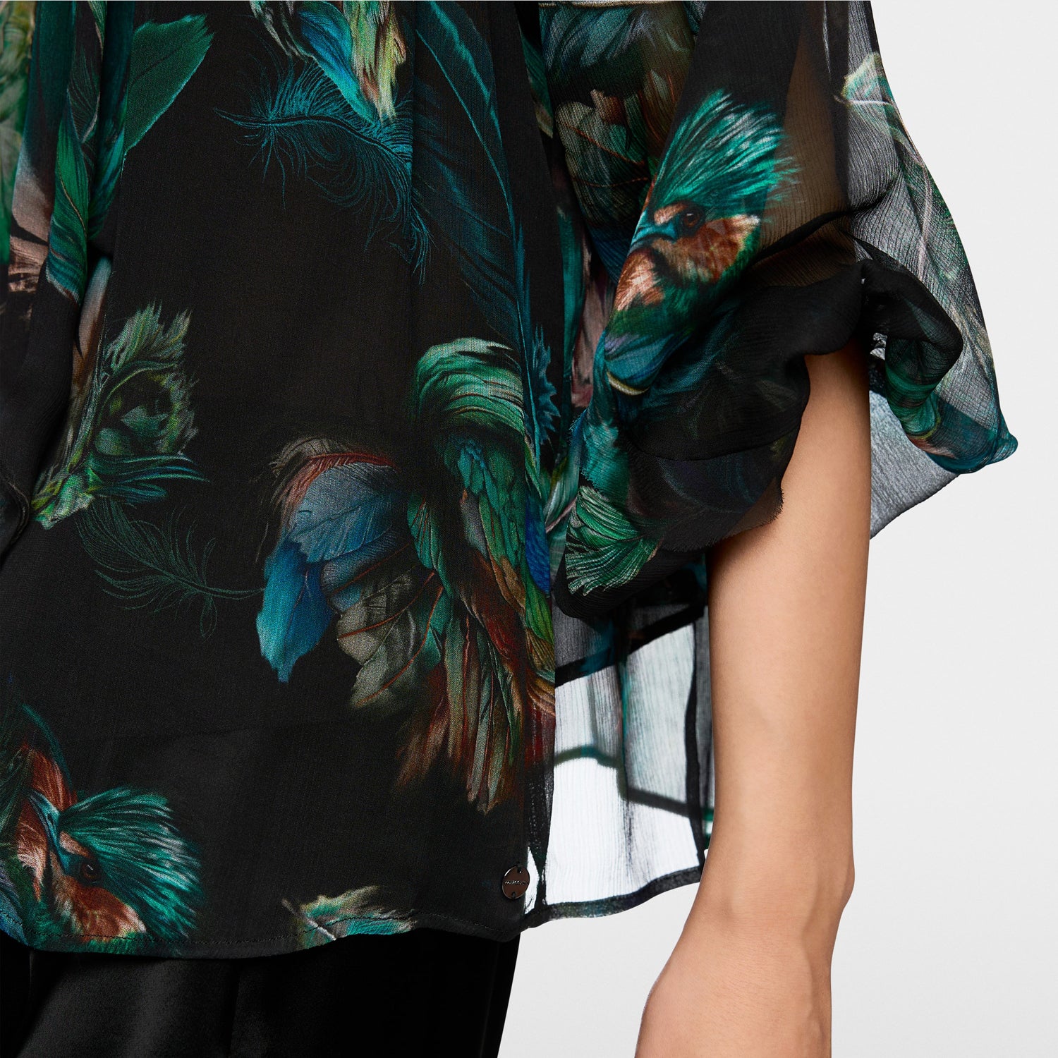 Tie Neck Feather Print Blouse - Dark Jade Green