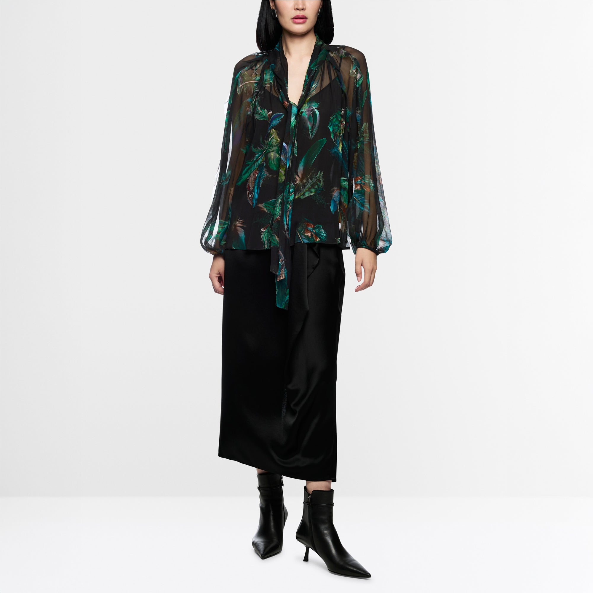 Tie Neck Feather Print Blouse - Dark Jade Green