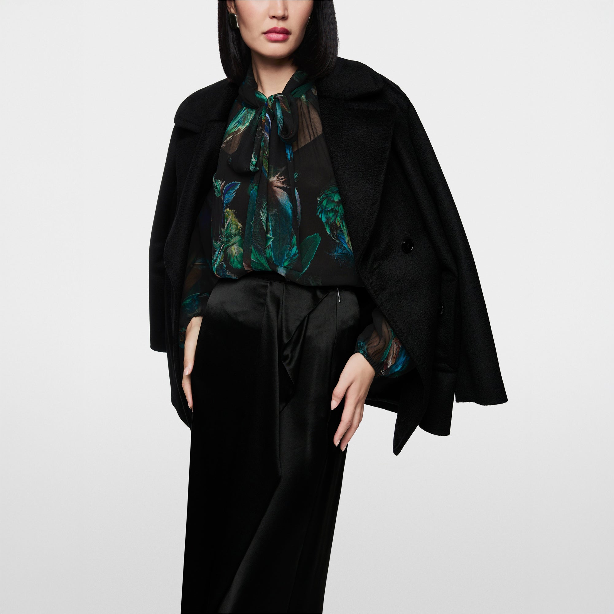 Tie Neck Feather Print Blouse - Dark Jade Green