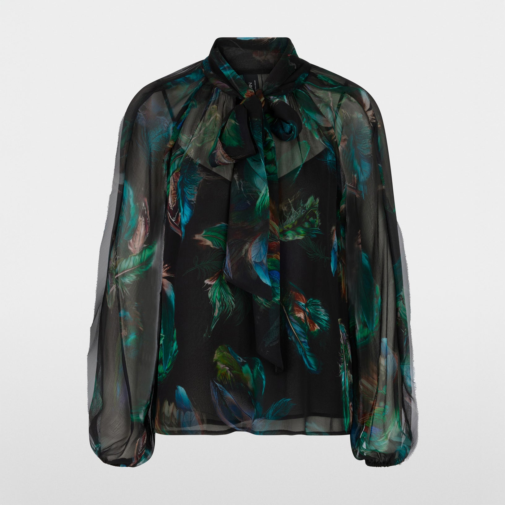 Tie Neck Feather Print Blouse - Dark Jade Green