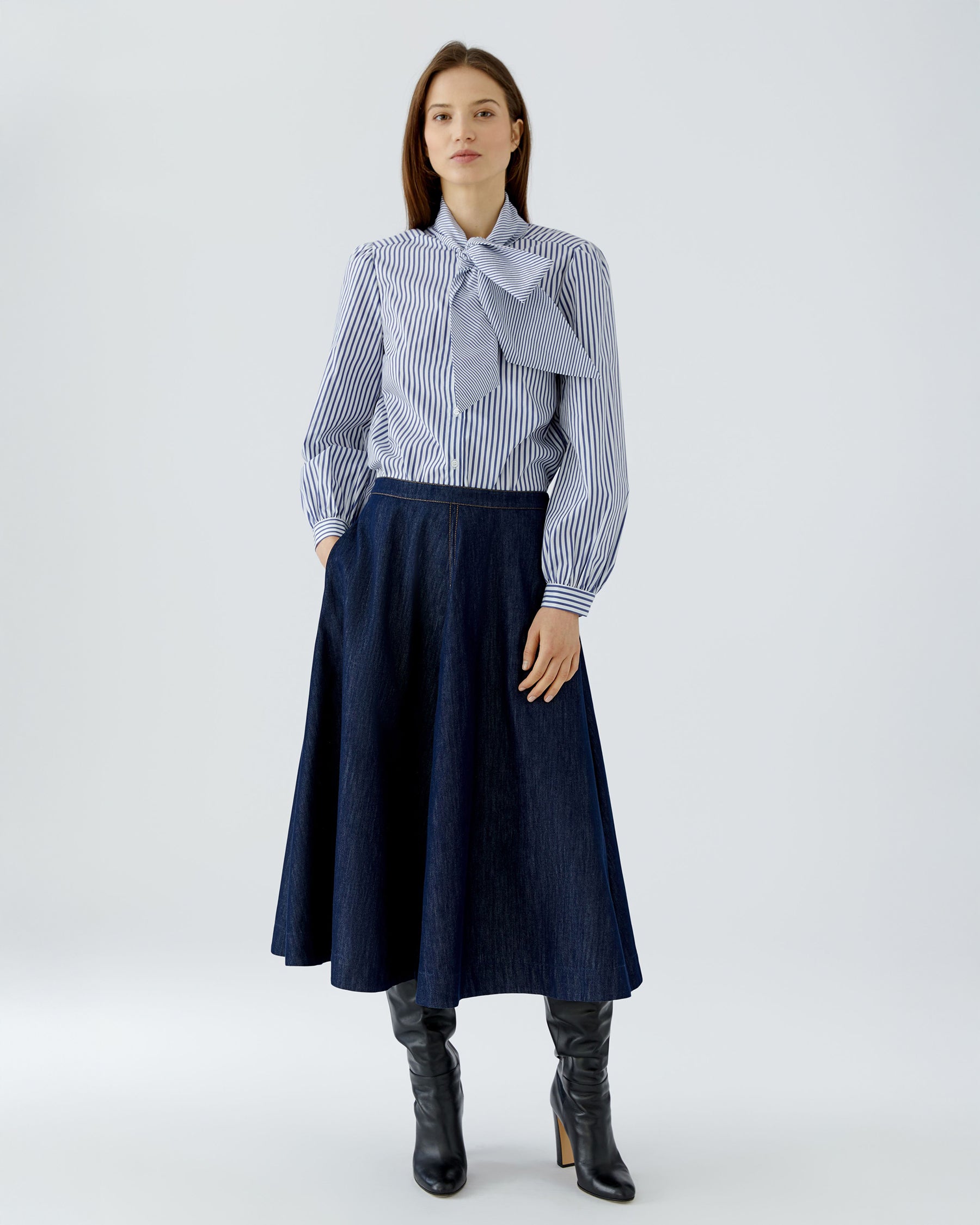 Tie Neck Stripe Shirt - Blue White