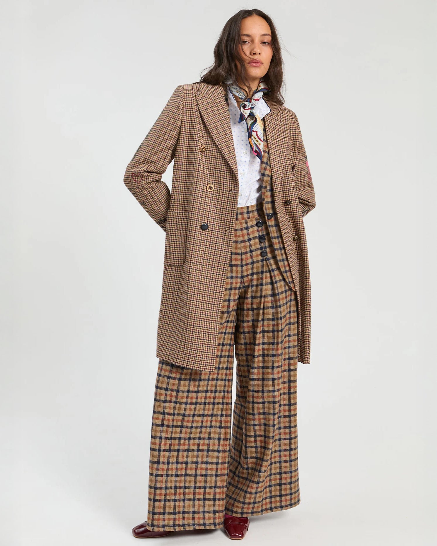Tweed Mid Graphic Embroidered Coat - Brown Check